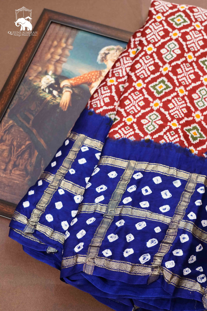 PERSIAN RED WITH ROYAL BLUE MODAL SILK SAREE - Queens Jewel Emporium