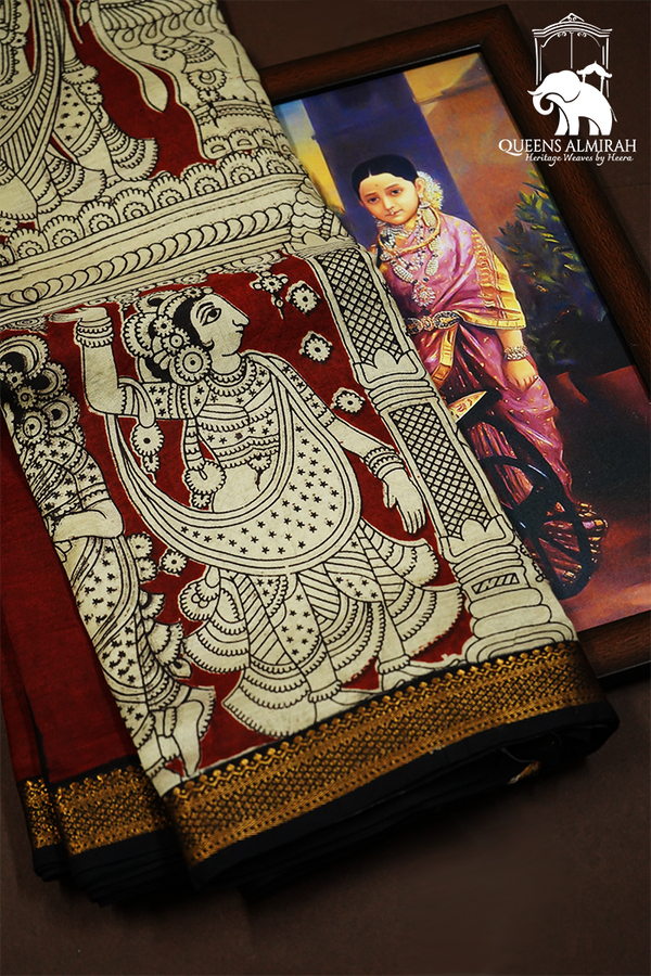 CHERRY RED WITH GOLDEN BORDER  MANGALGIRI SAREE - Queens Jewel Emporium