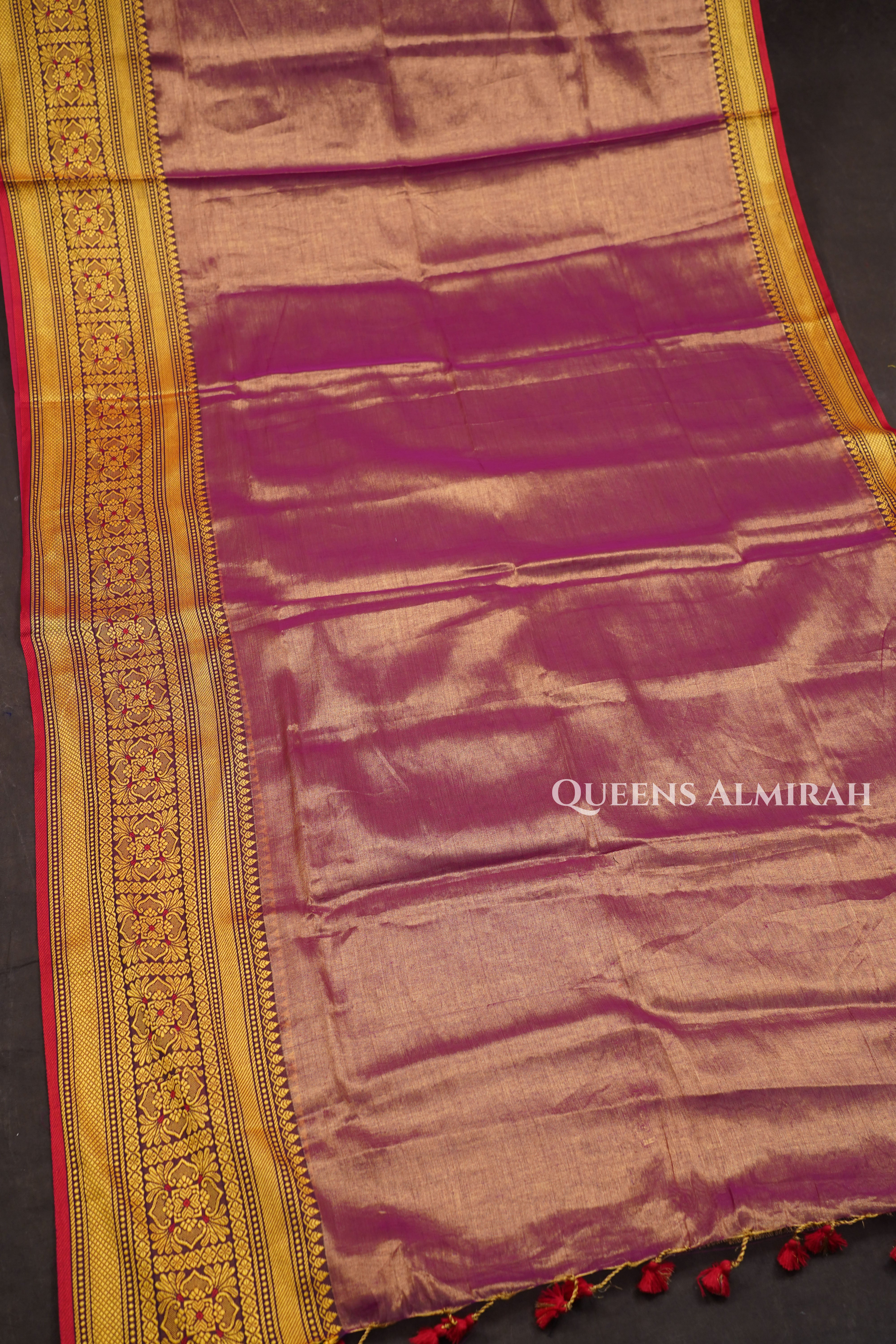 Orangish Pink Linen Tissue Saree With Narayanpet Border