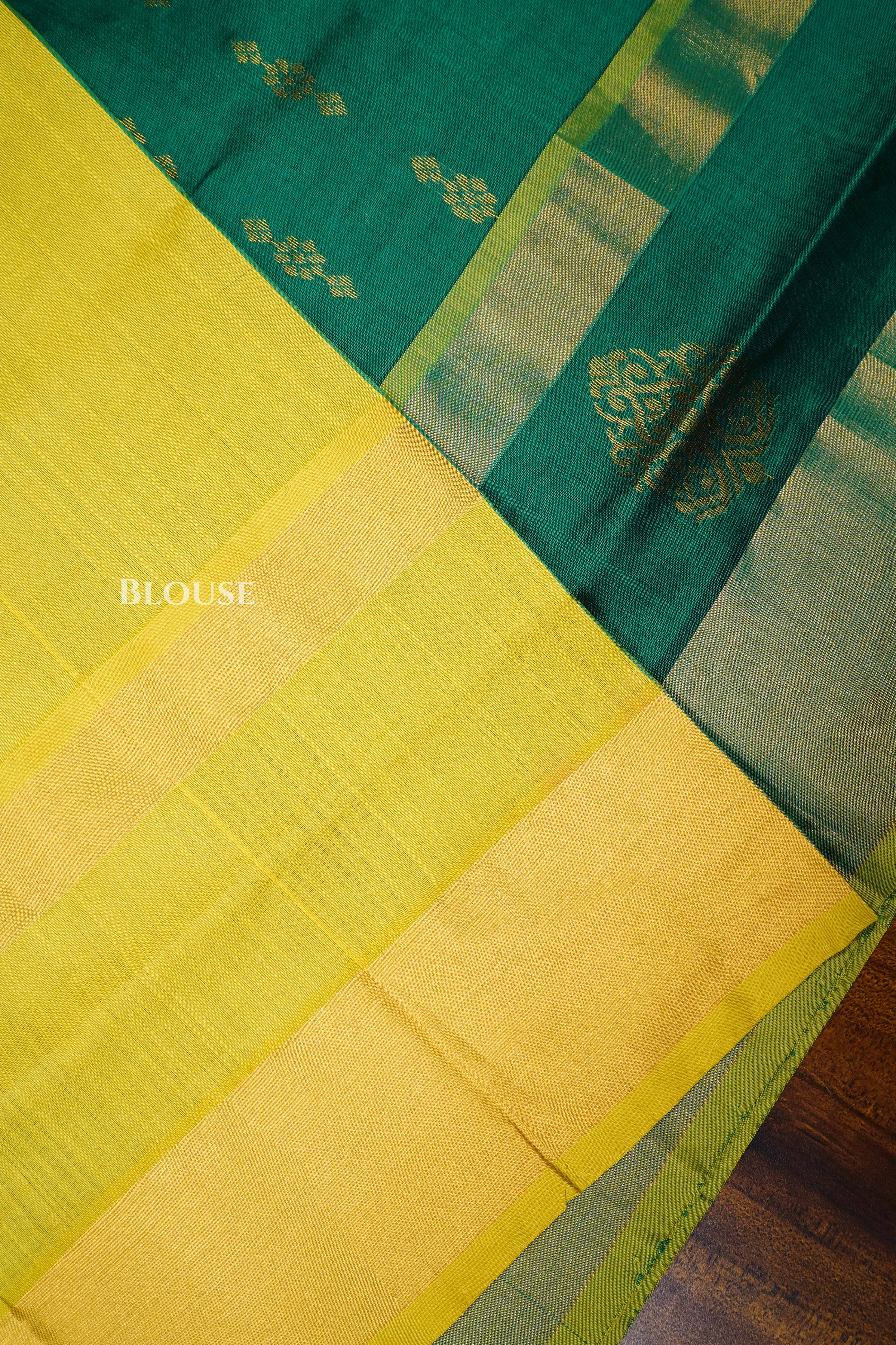 Sea Green With Yellow Budget Silk Cotton Saree