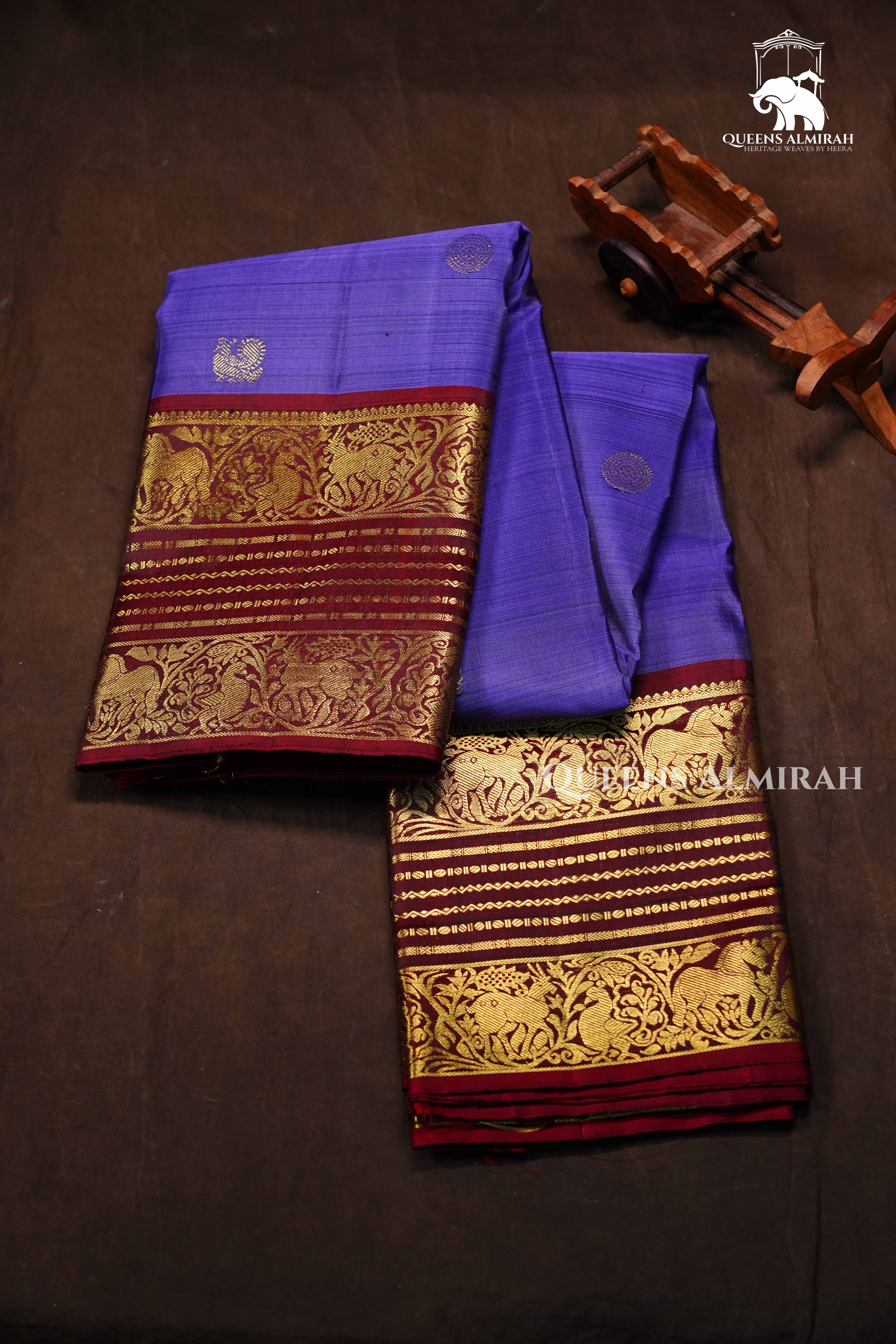 Light Indigo With Maroon Pure Kanchivaram Silk Saree