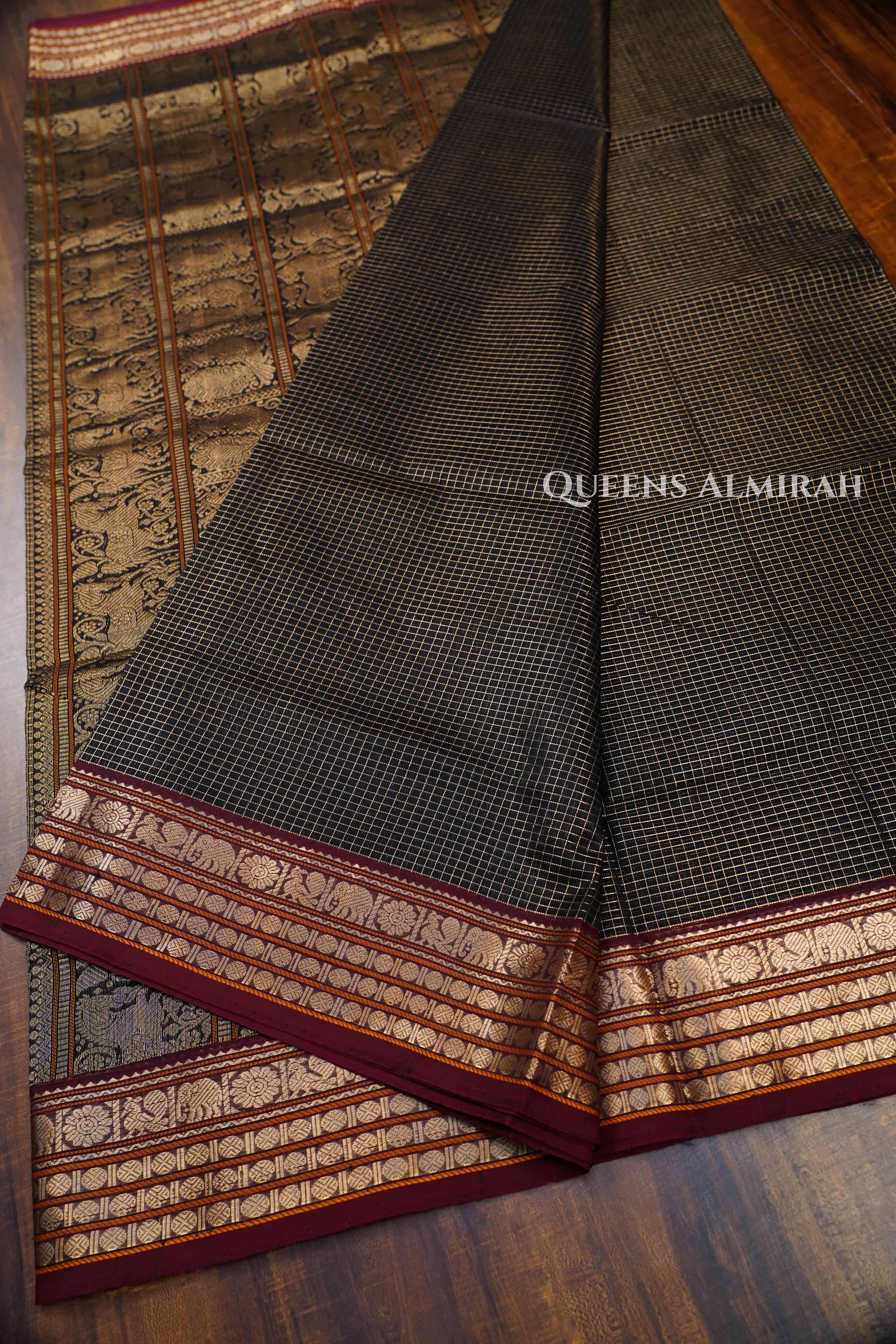 Black With Maroon- Karaikudi Chettinad Silk Cotton Saree