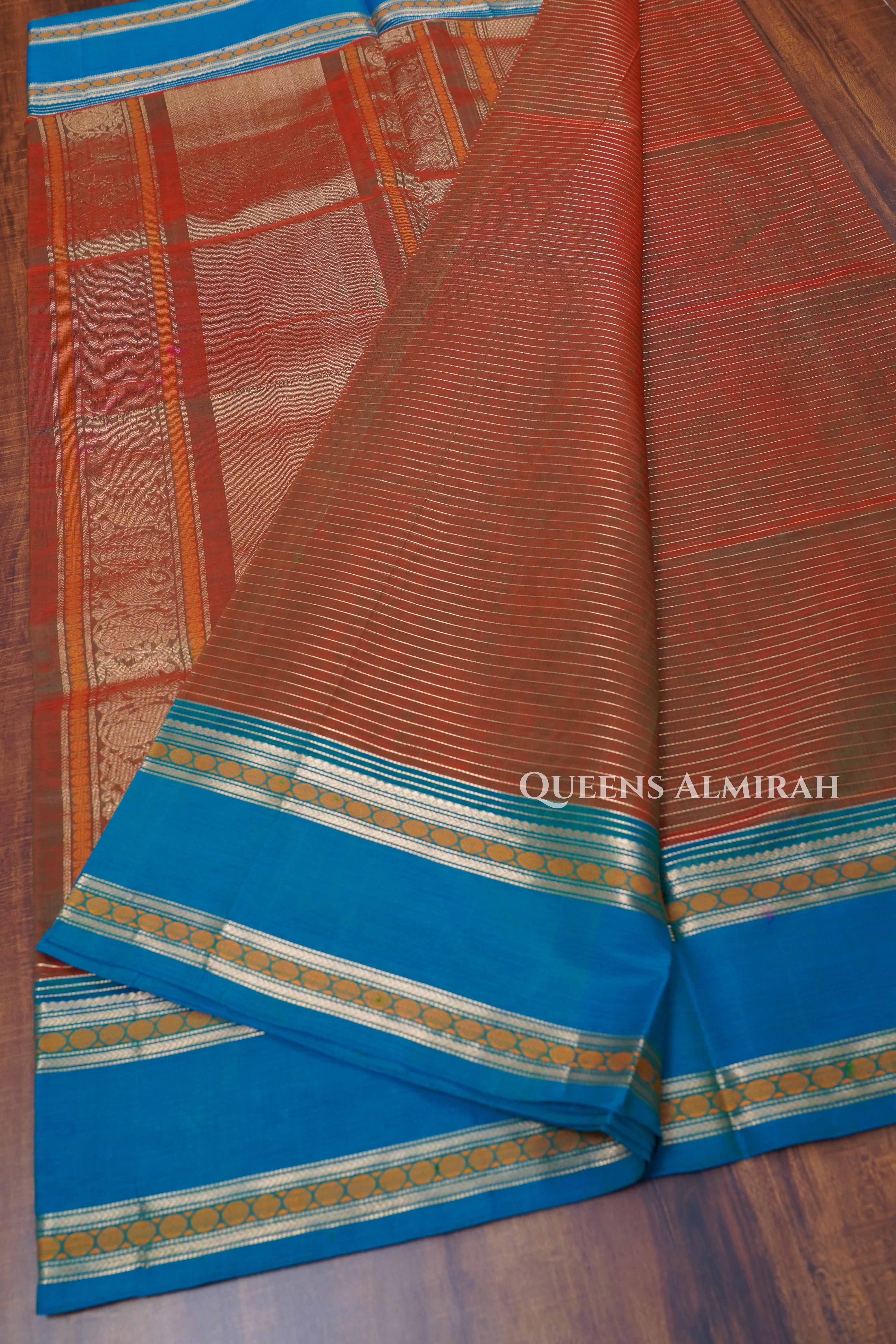 Reddish Brown With Blue Karaikudi Chettinad Silk Cotton Saree