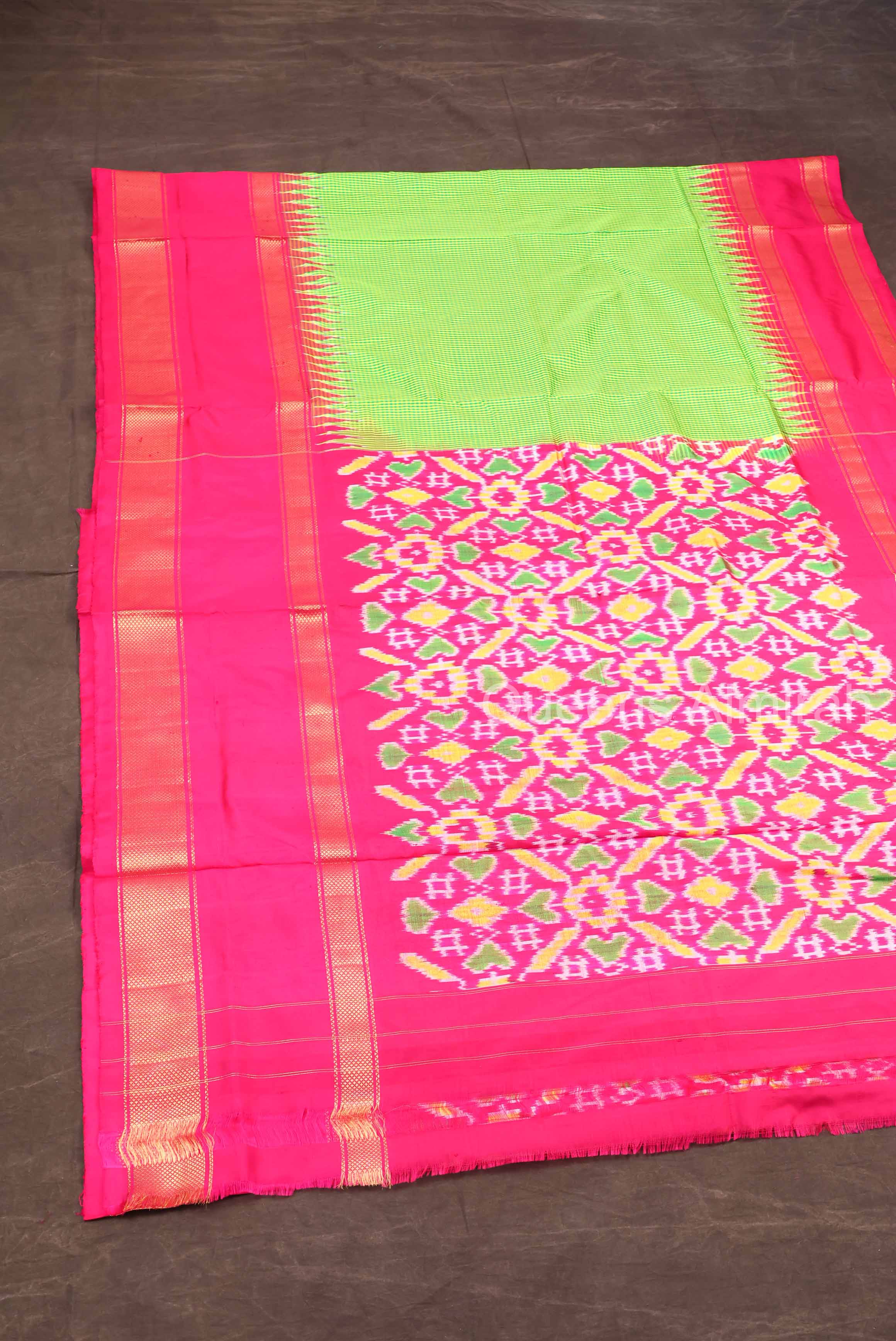 Parrot Green Checks With Magenta Pink Pure Ikat Silk Saree