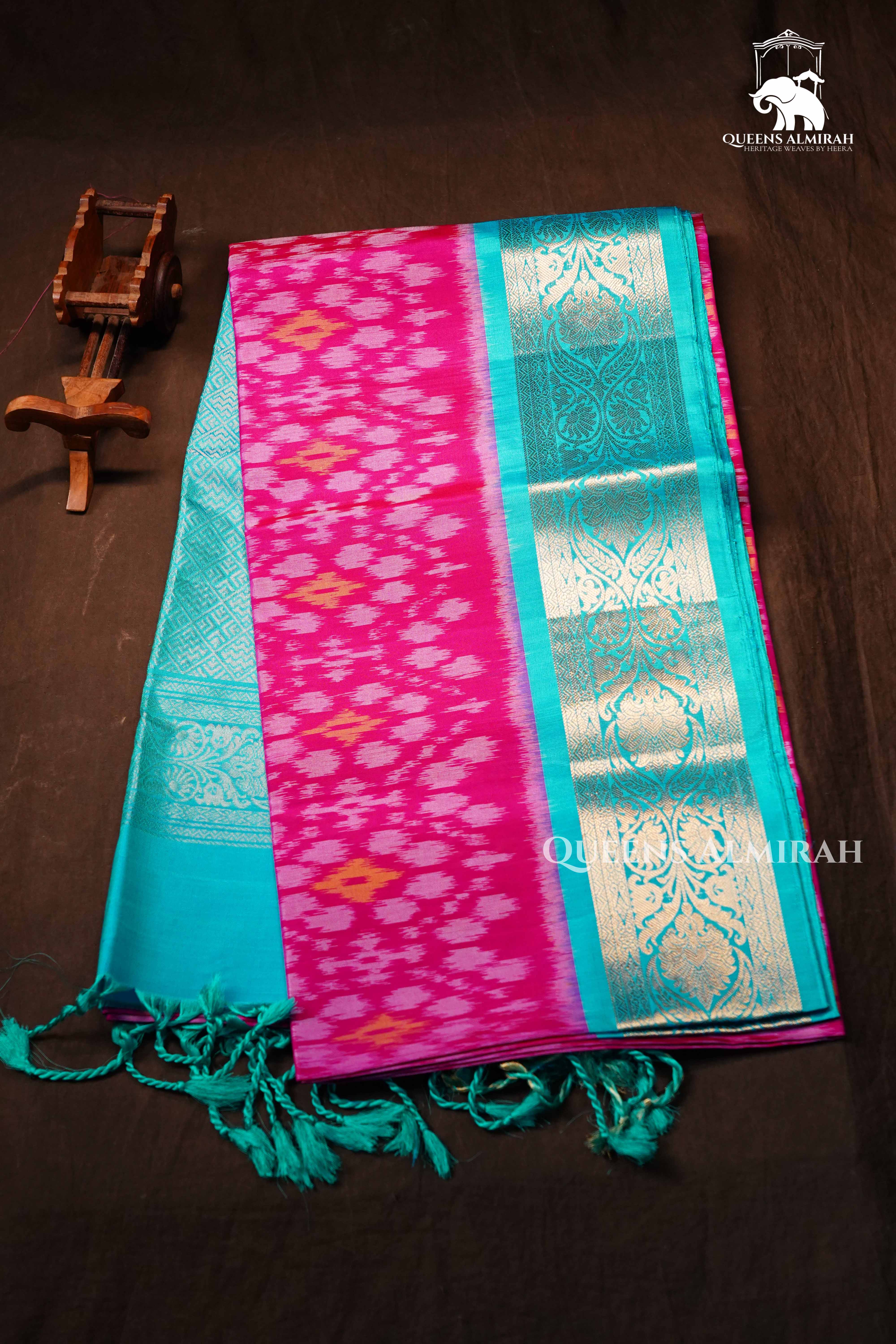Rani Pink With Blue Pure Soft Silk Saree