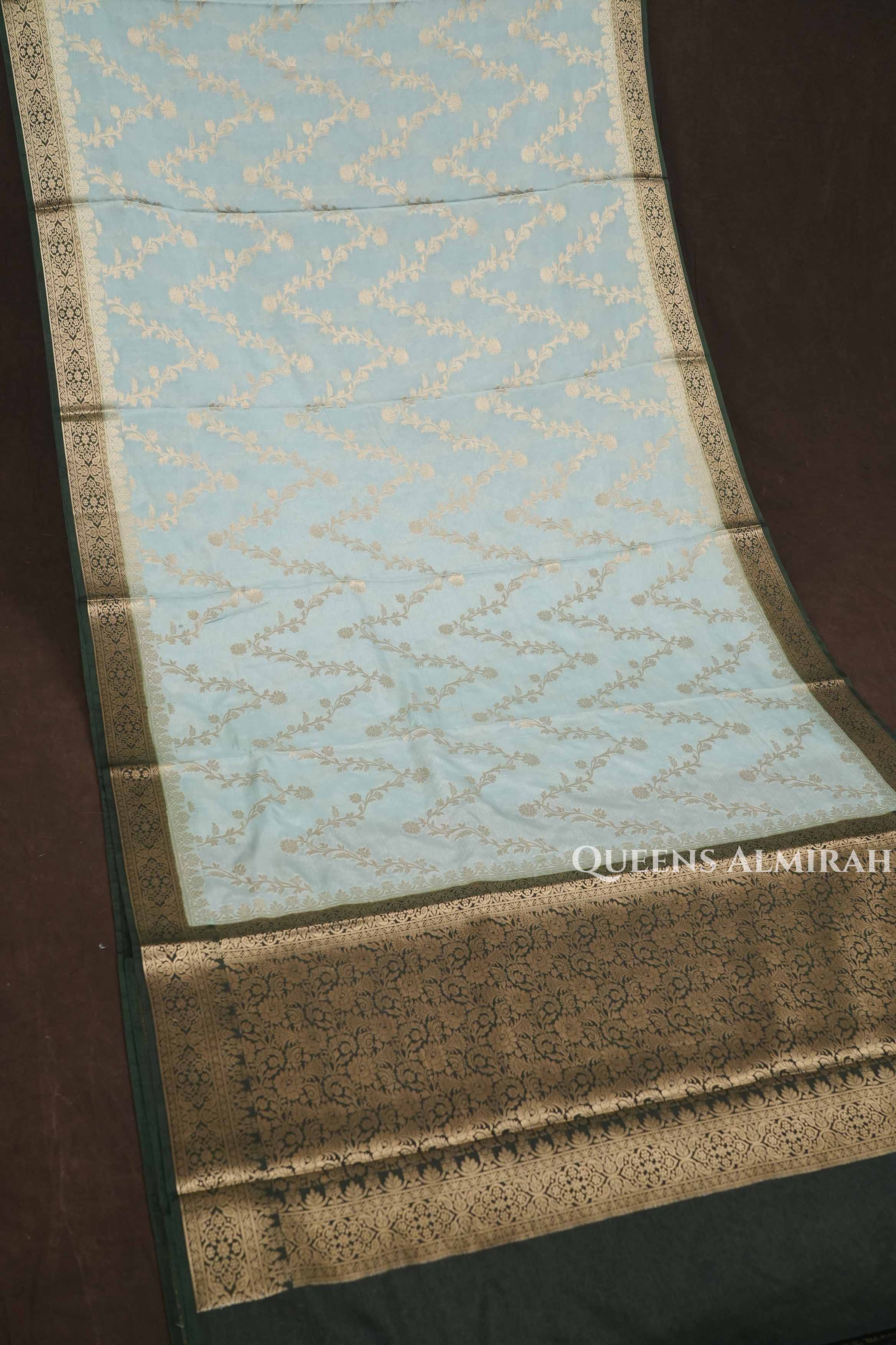 Ice Blue With Green Banarasi Silk Saree