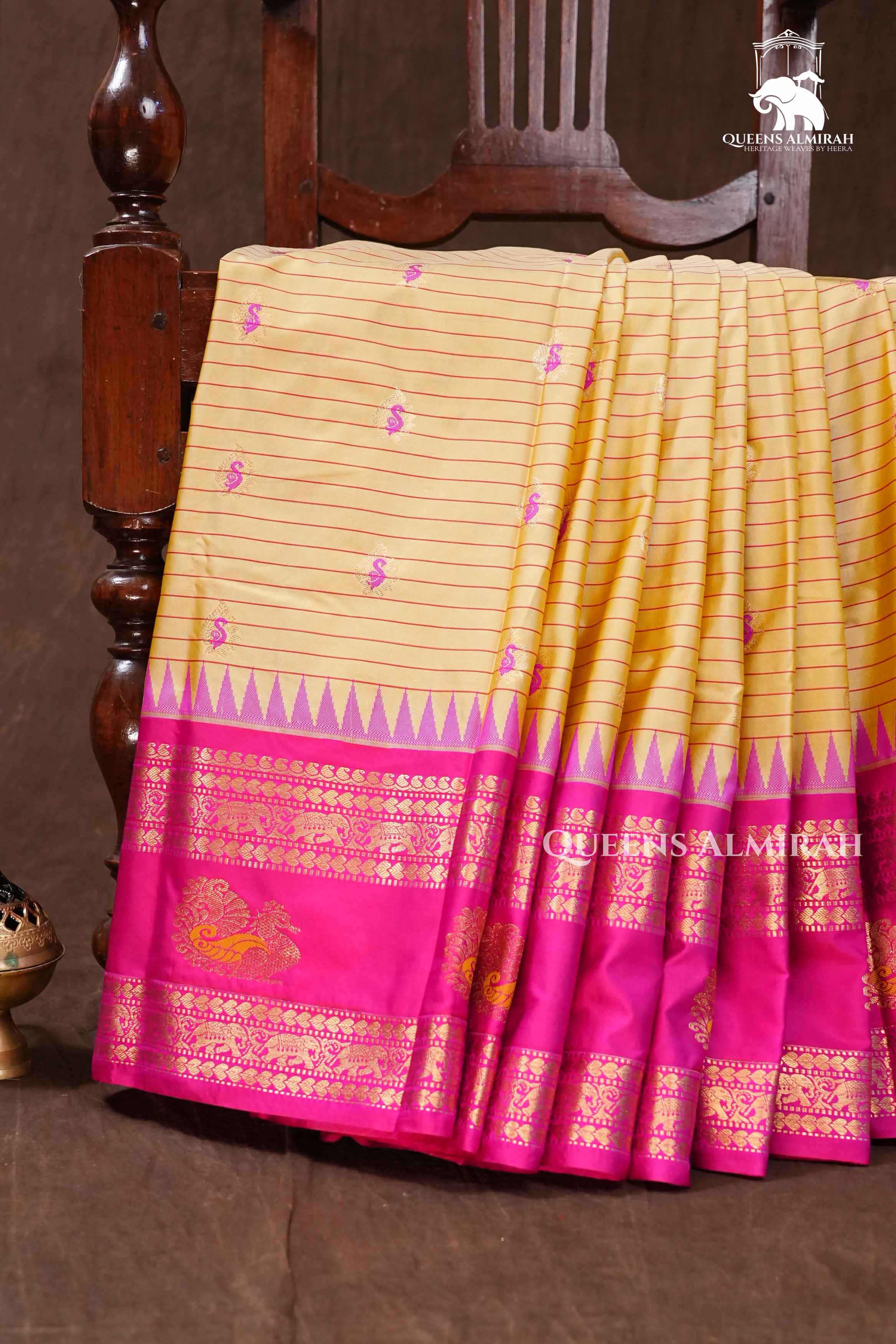 Light Yellow with rani pink Semi Gadwal Silk Saree