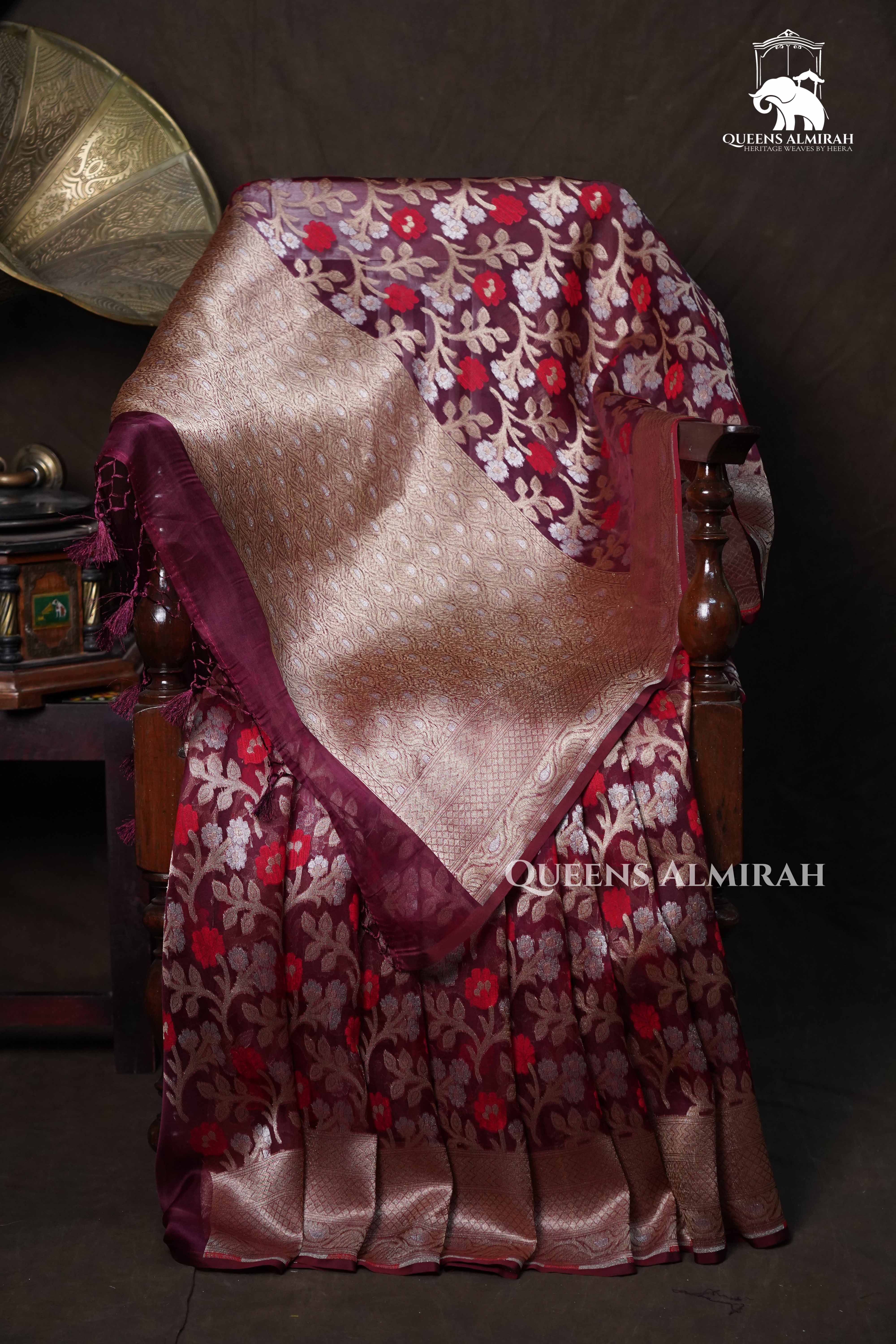 Red Wine Banarasi Organza Silk Saree