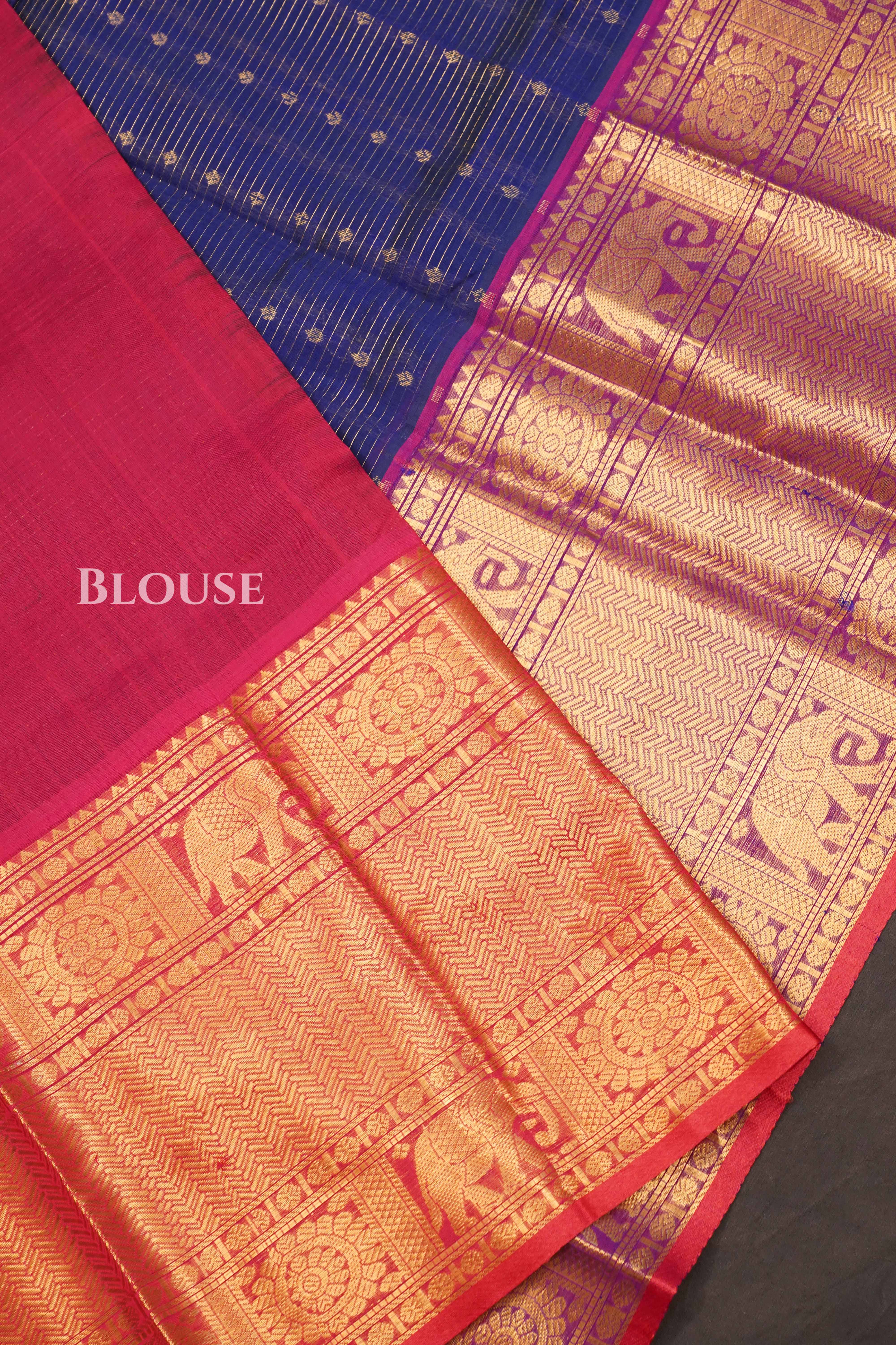 Dark Navy Blue With Red Pure Silk Cotton Saree