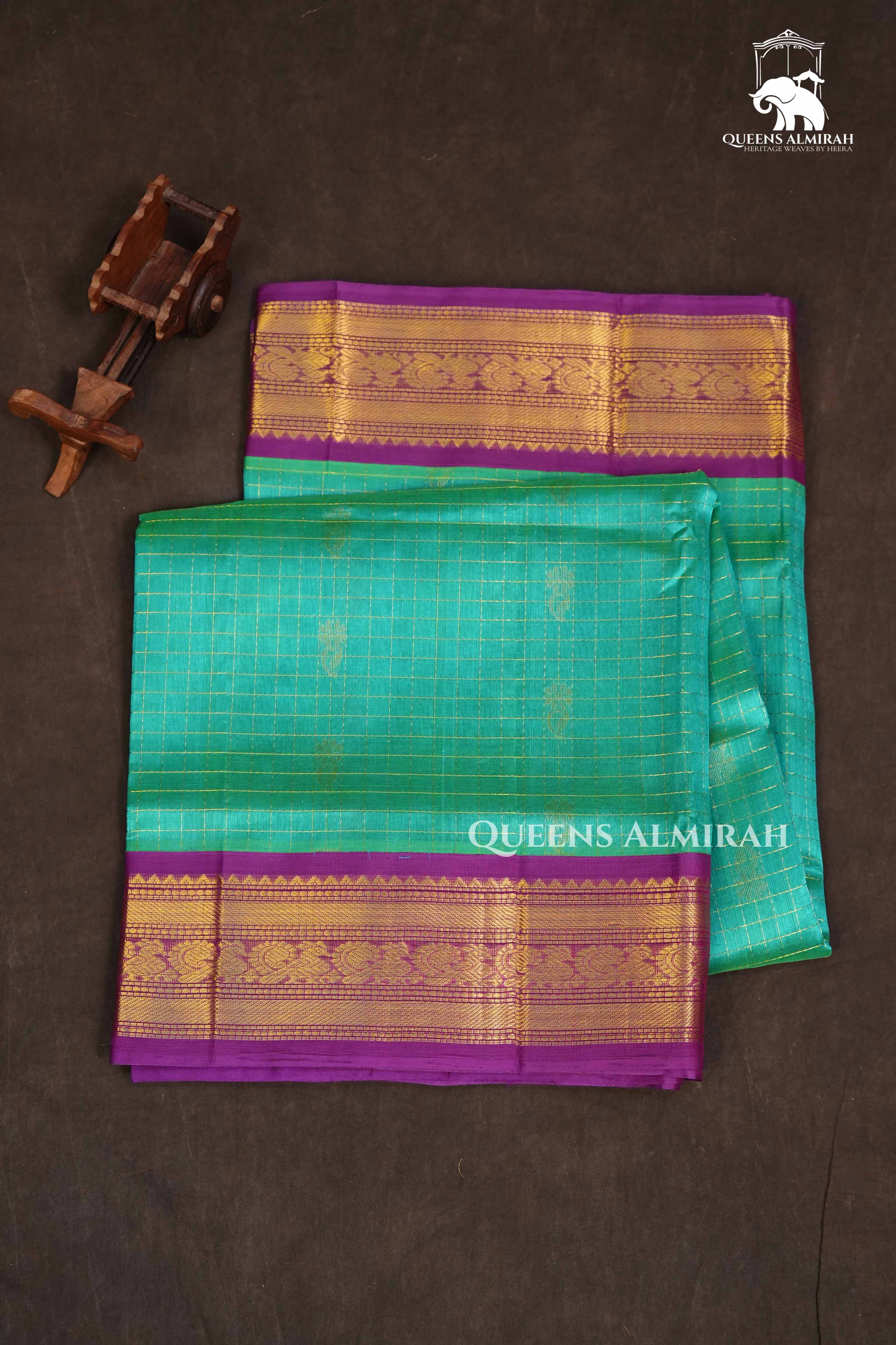 Sea Blue Kattam With Purple Pure Silk Cotton Saree