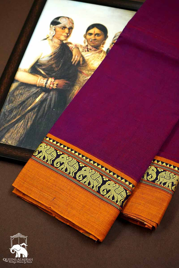 PLUM PURPLE WITH BURNT ORANGE BORDER NARAYANPET COTTON SAREE - Queens Jewel Emporium