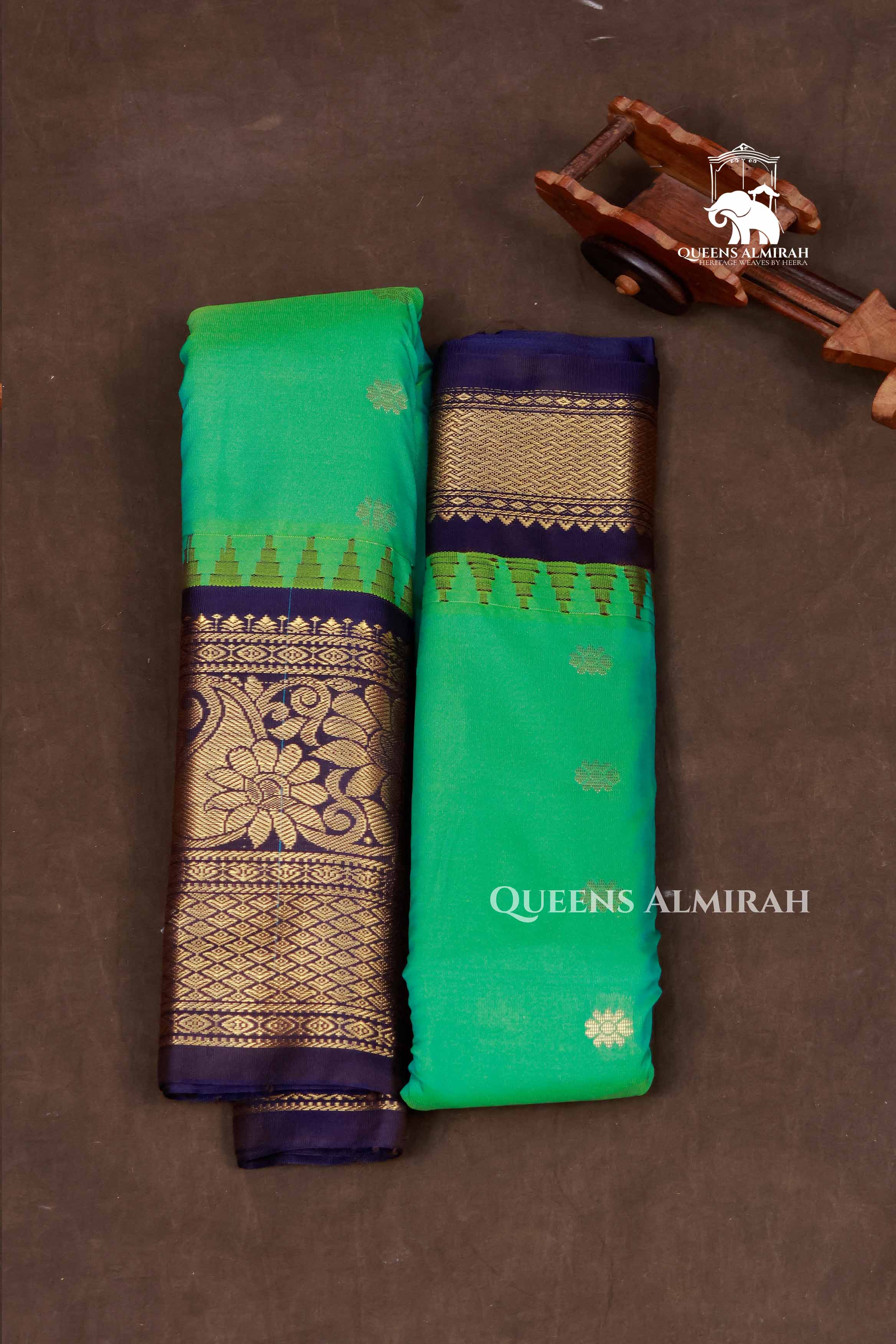 Sea Green And Navy Blue Semi Gadwal Silk Saree