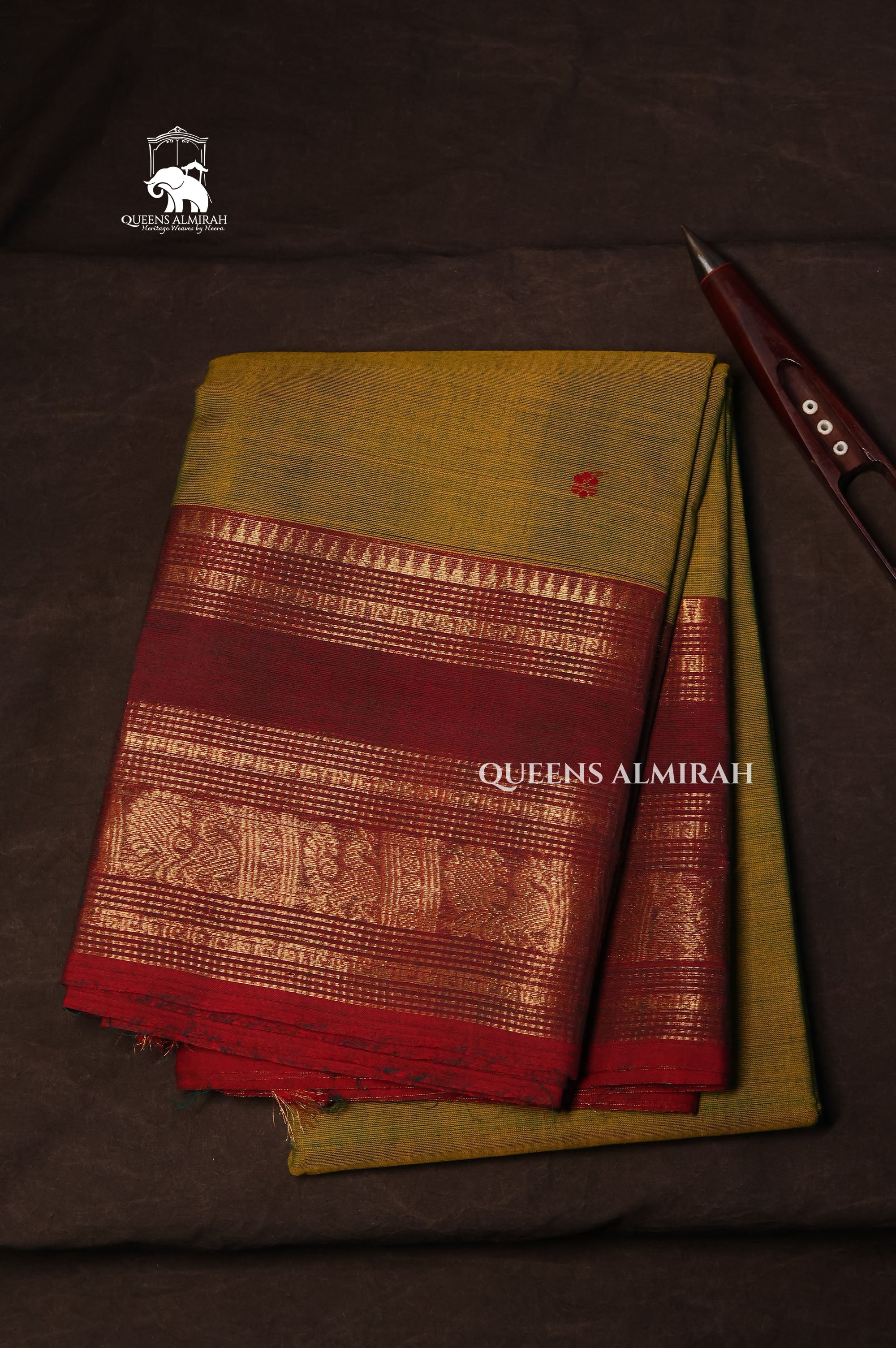 Green With Red Brown Kanchi Cotton Saree