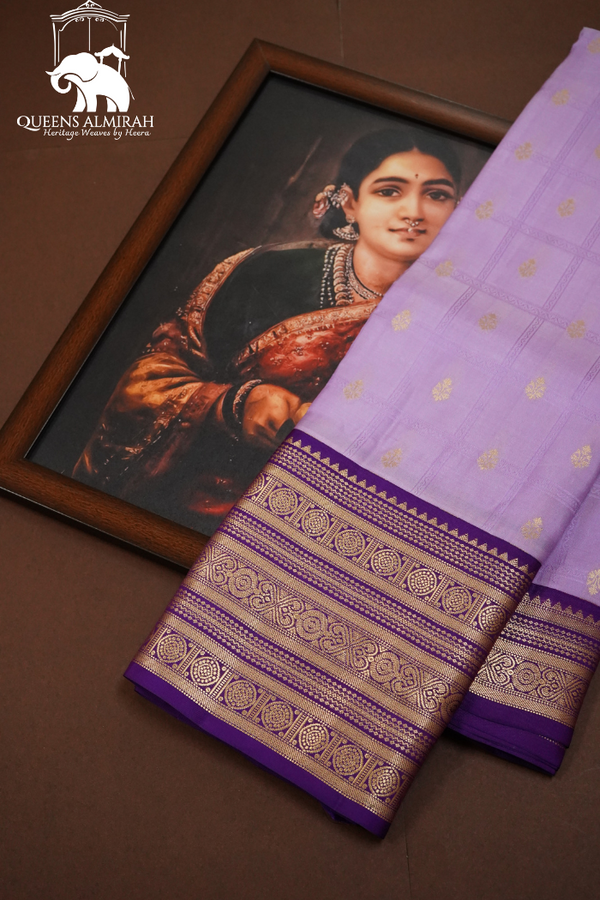 LIGHT PASTEL PURPLE WITH HONEY FLOWER PURE KANCHIVARAM SILK  SAREE - Queens Jewel Emporium