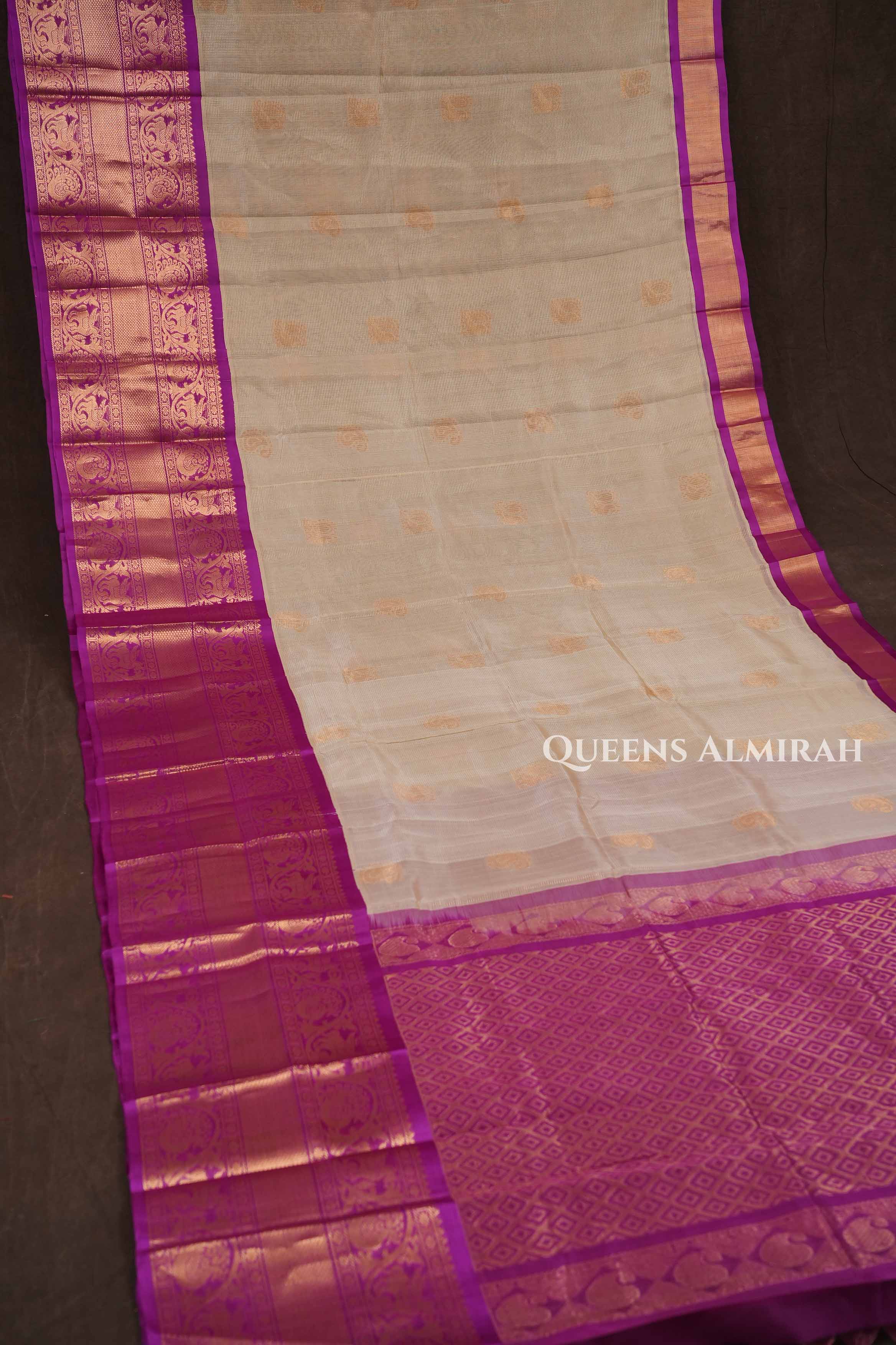 Off White With Purple Pure Silk Cotton Saree