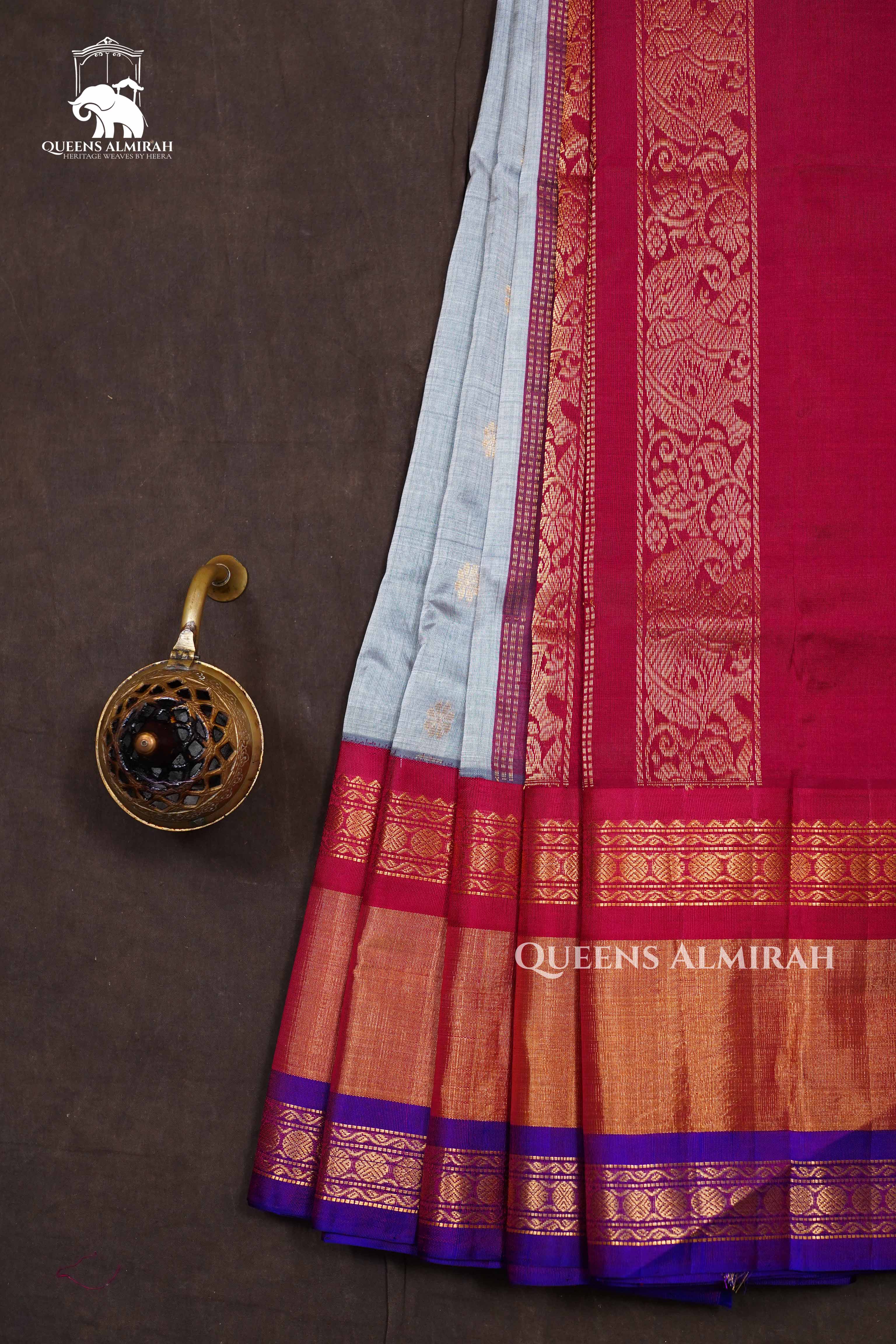 Ash With Red And Purple Pure Kanchi Silk Cotton Saree