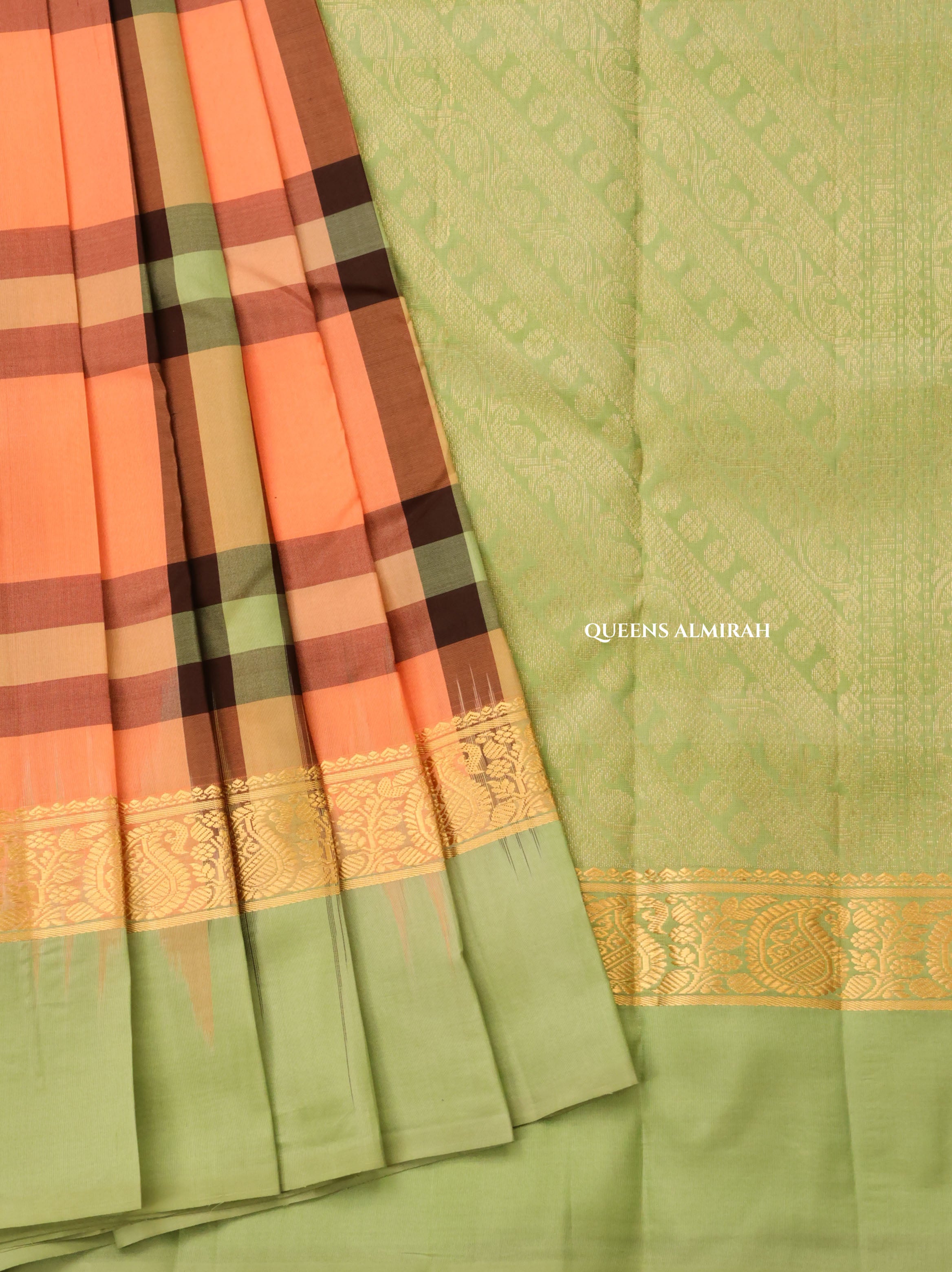 Peach With Green Kattam With Pista Green Pure Kanchivaram Silk Saree