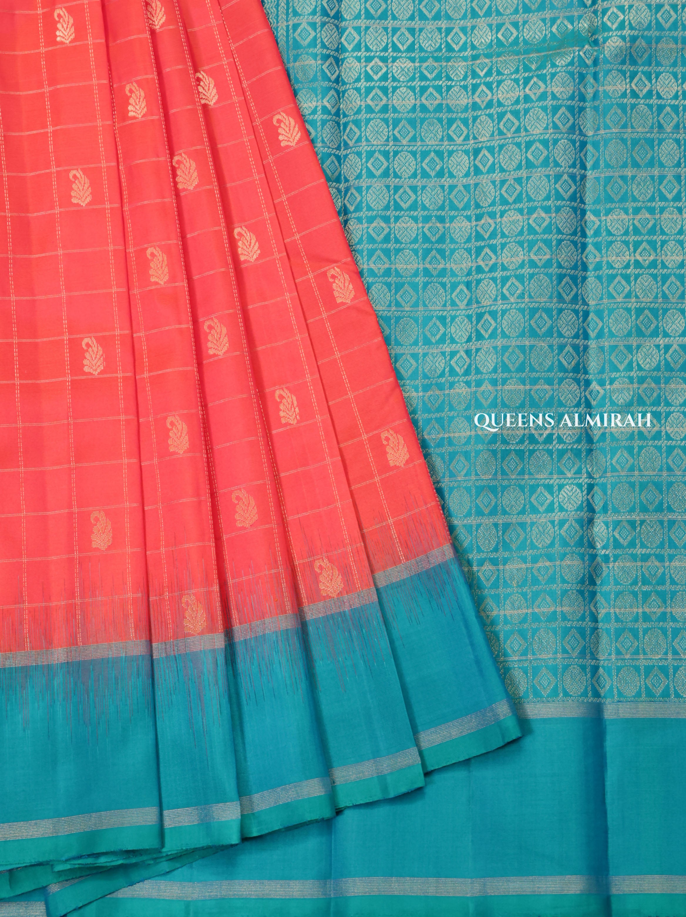 Pinkish Orange With Sky Blue Pure Kanchivaram Silk Saree
