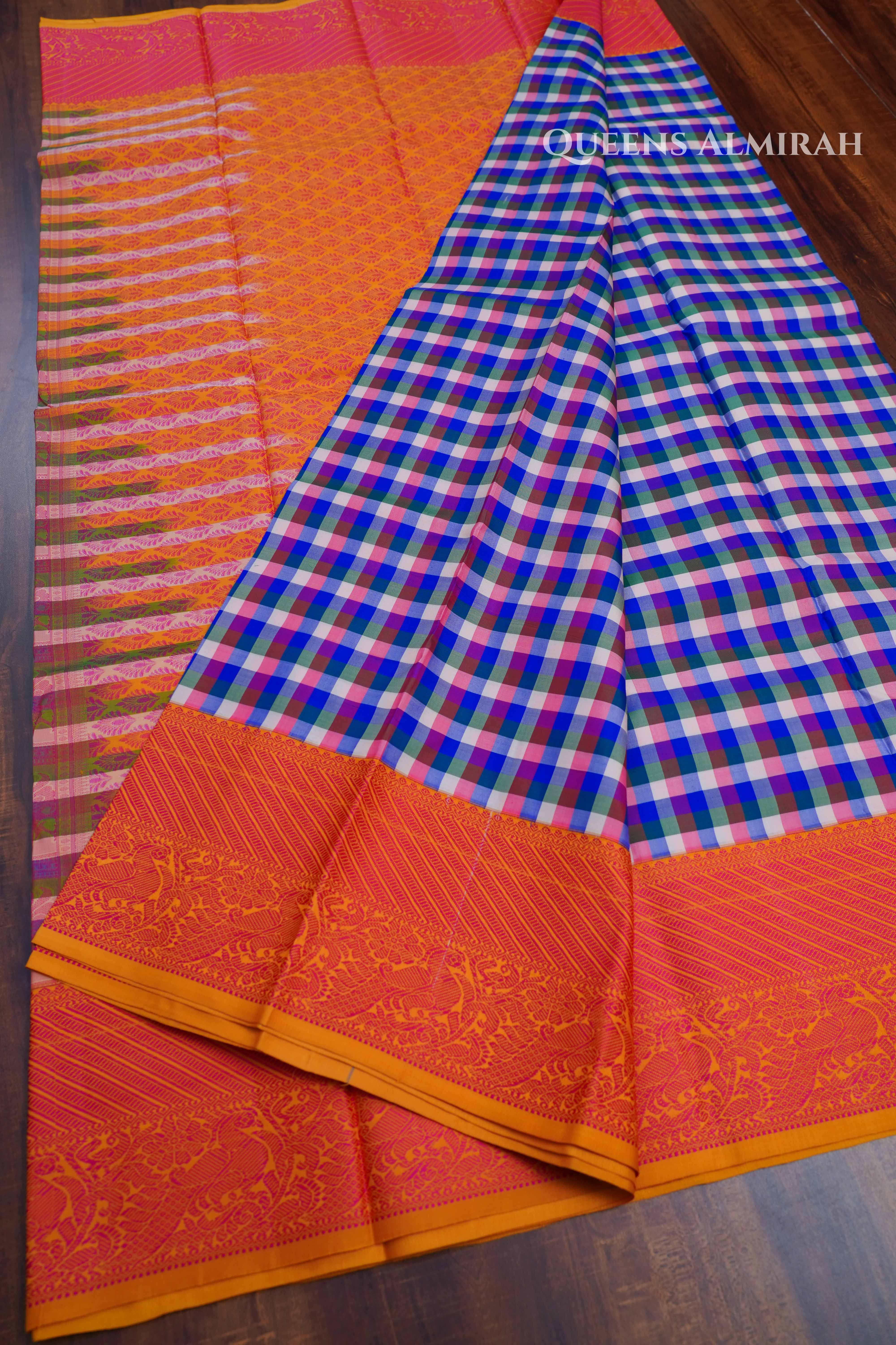 White With Blue Checks Kuravanji Silk Saree