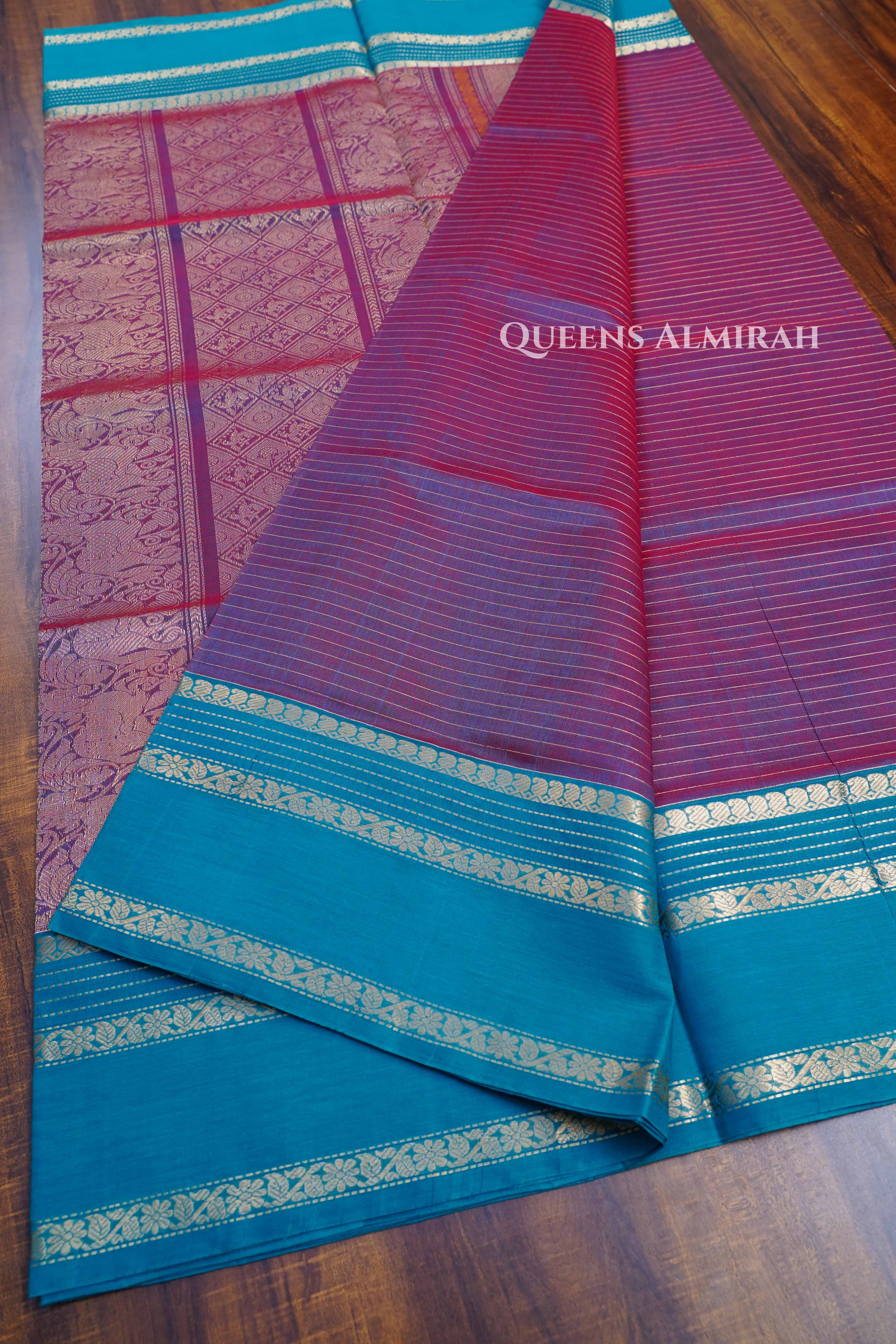 Pastel Purple With Sea Blue -Karaikudi Chettinad Silk Cotton Saree