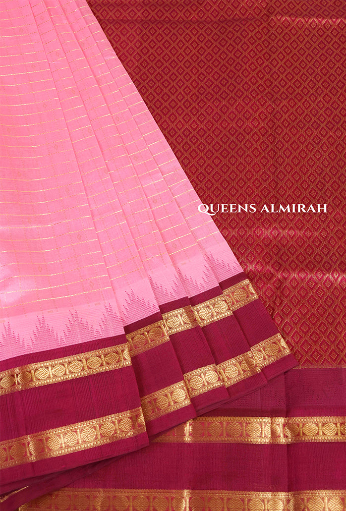 Rose Milk Pink With Purple Gap Border Pure Silk Cotton Saree