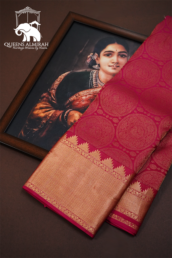 DEEP CARMINE WITH DARK ROSE PURE KANCHIVARAM SILK SAREE - Queens Jewel Emporium
