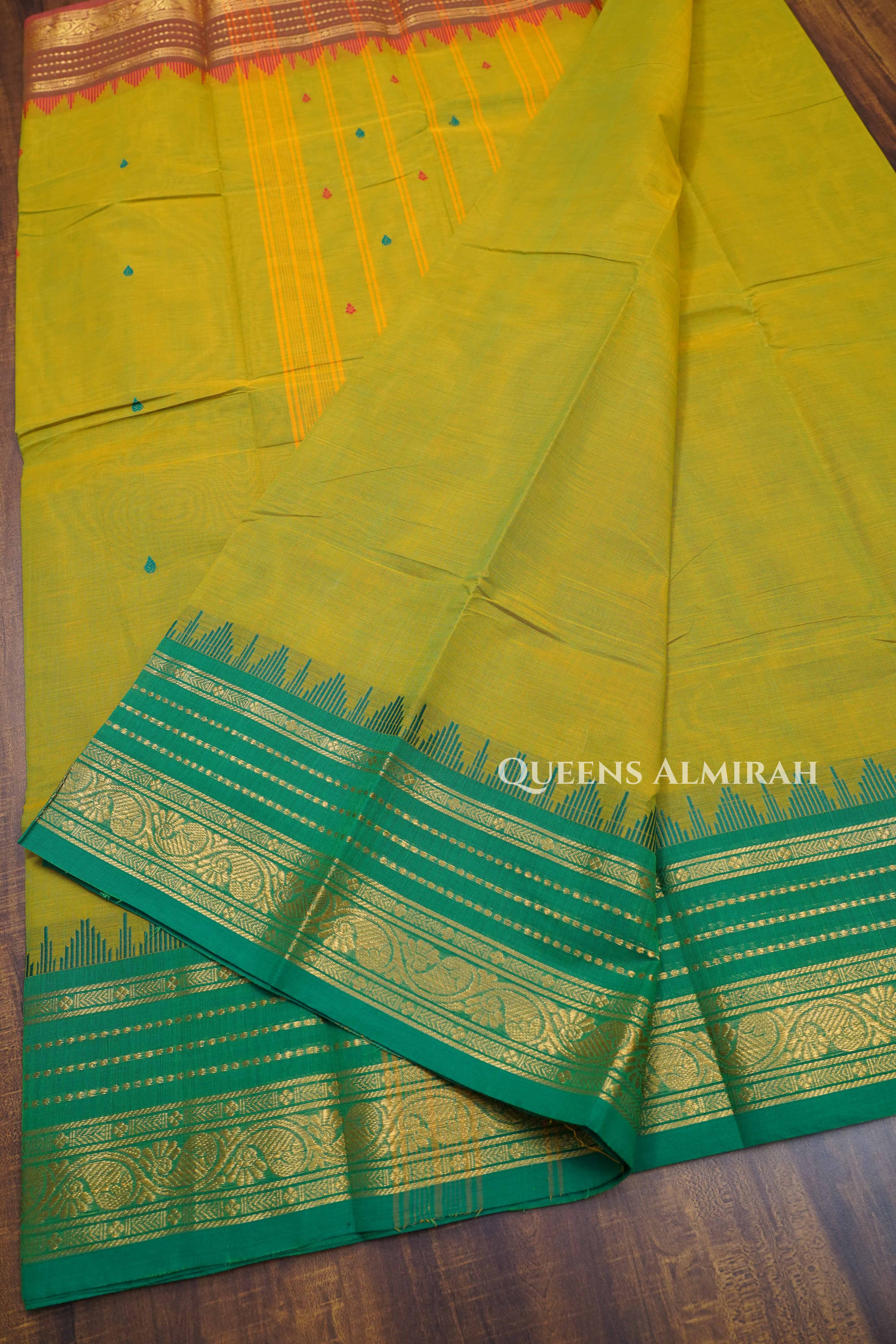 Yellow Green With Red Kanchi Cotton Saree