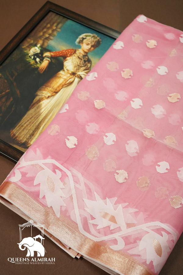 LILLY PINK PURE MUSLIN ORGANZA JAMDANI SAREE - Queens Jewel Emporium