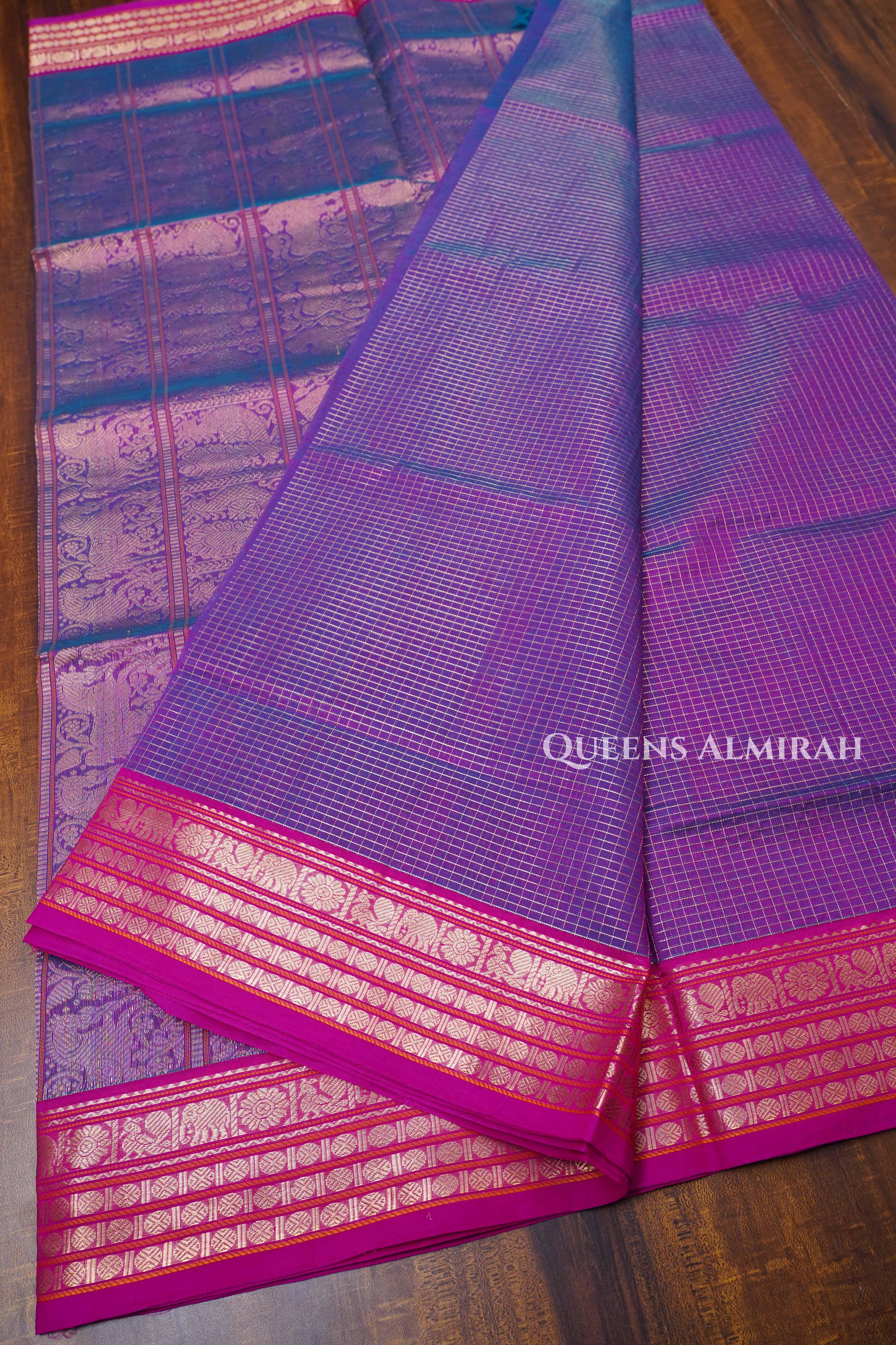 Dusky Blue Karaikudi Chettinad Silk Cotton Saree