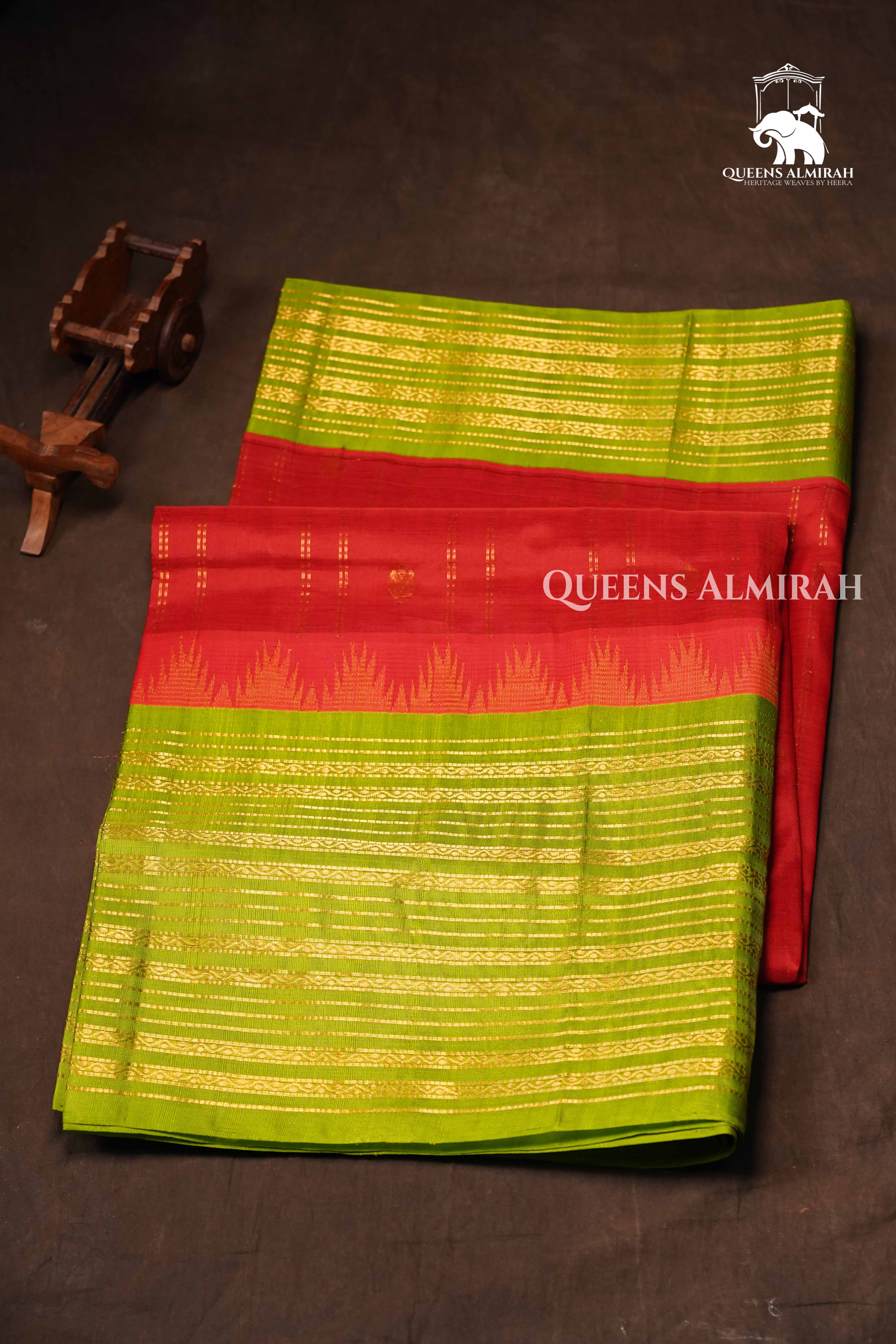 Tomato Red With Parrot Green Pure Silk Cotton Saree