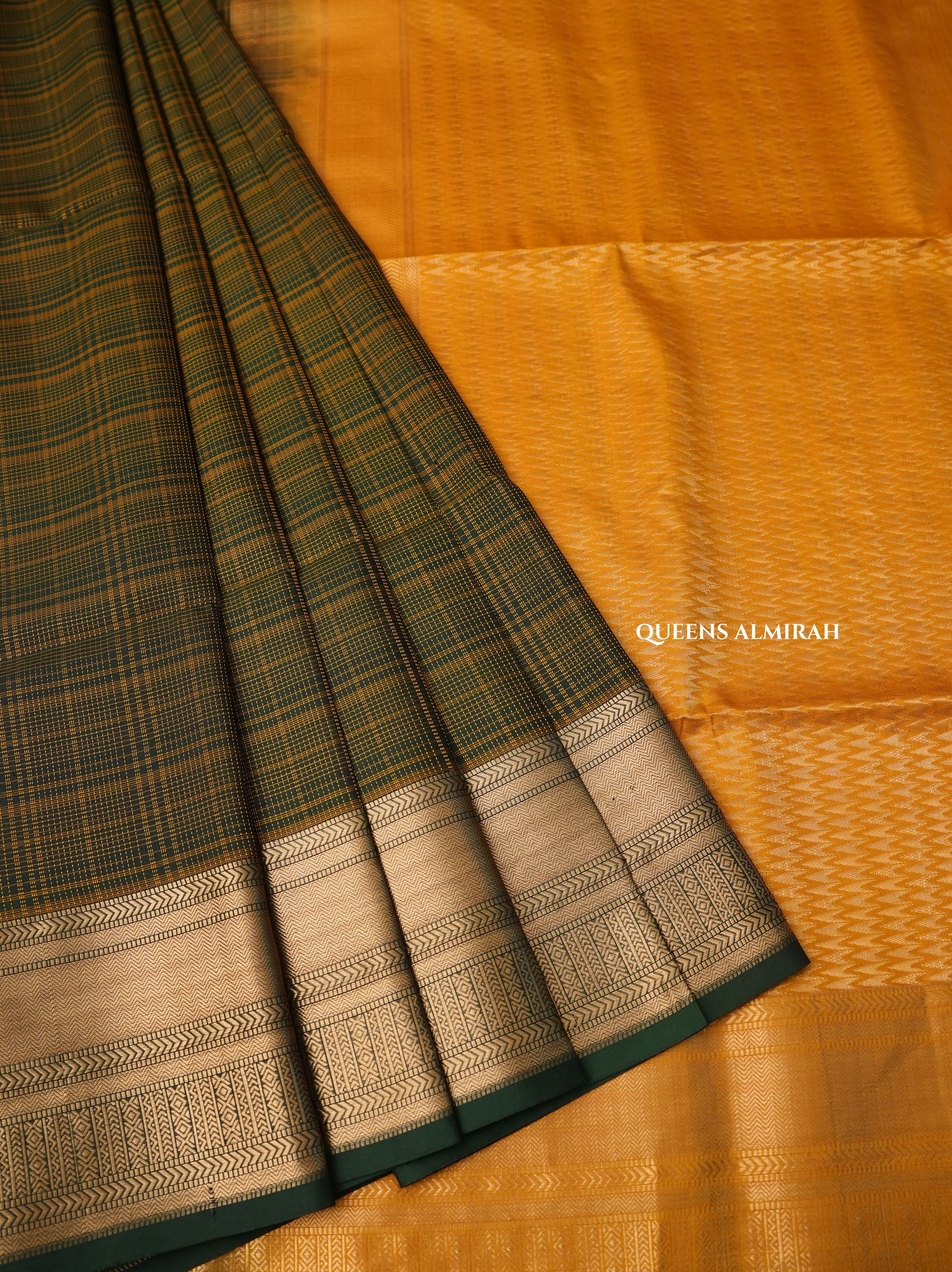 Dark Green With Yellow Pure Soft Silk Saree