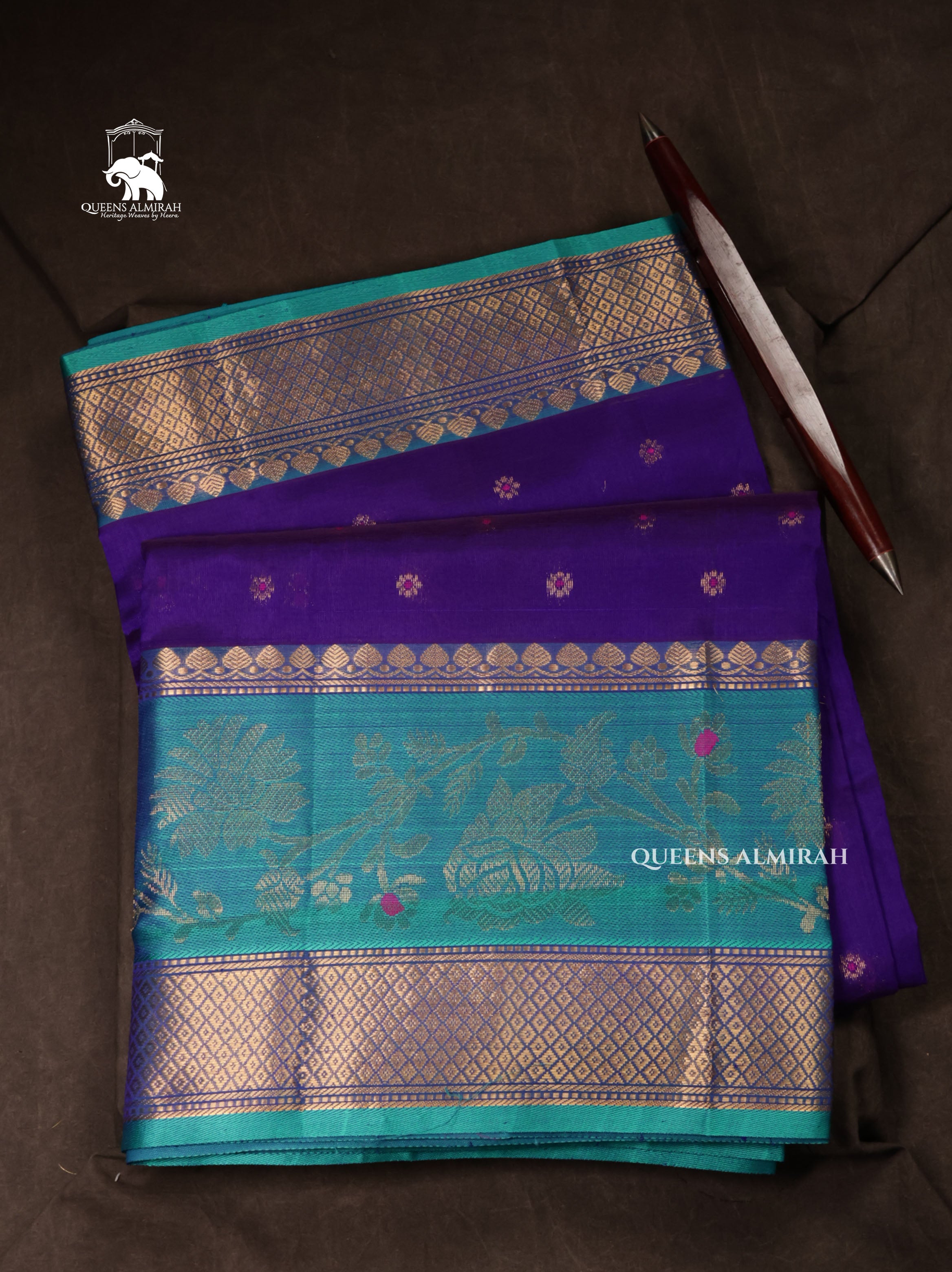 Navy Blue With Sky Blue Pure Silk Cotton Saree
