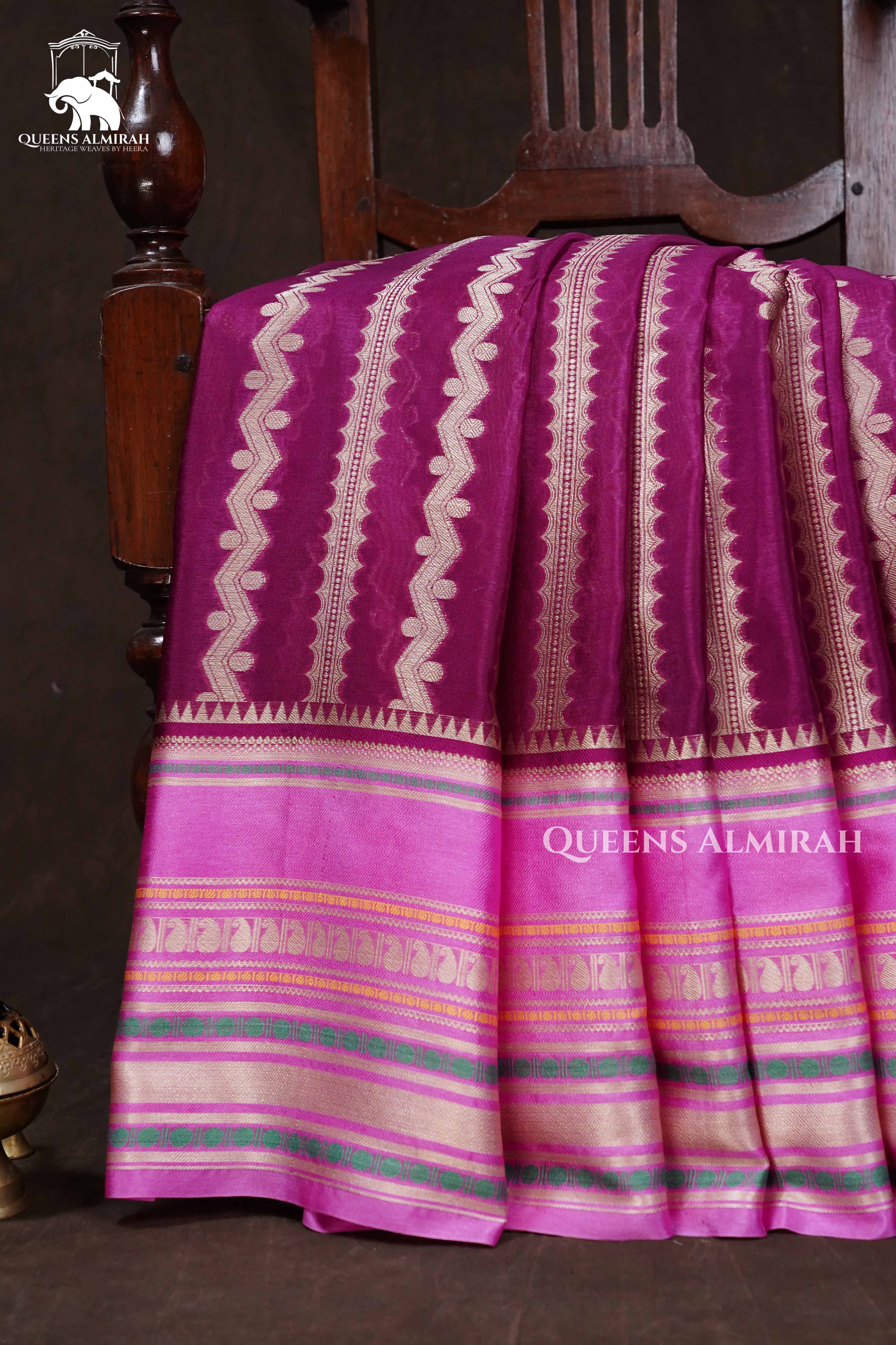 Purple With Pink Border Semi Banarasi Silk Saree