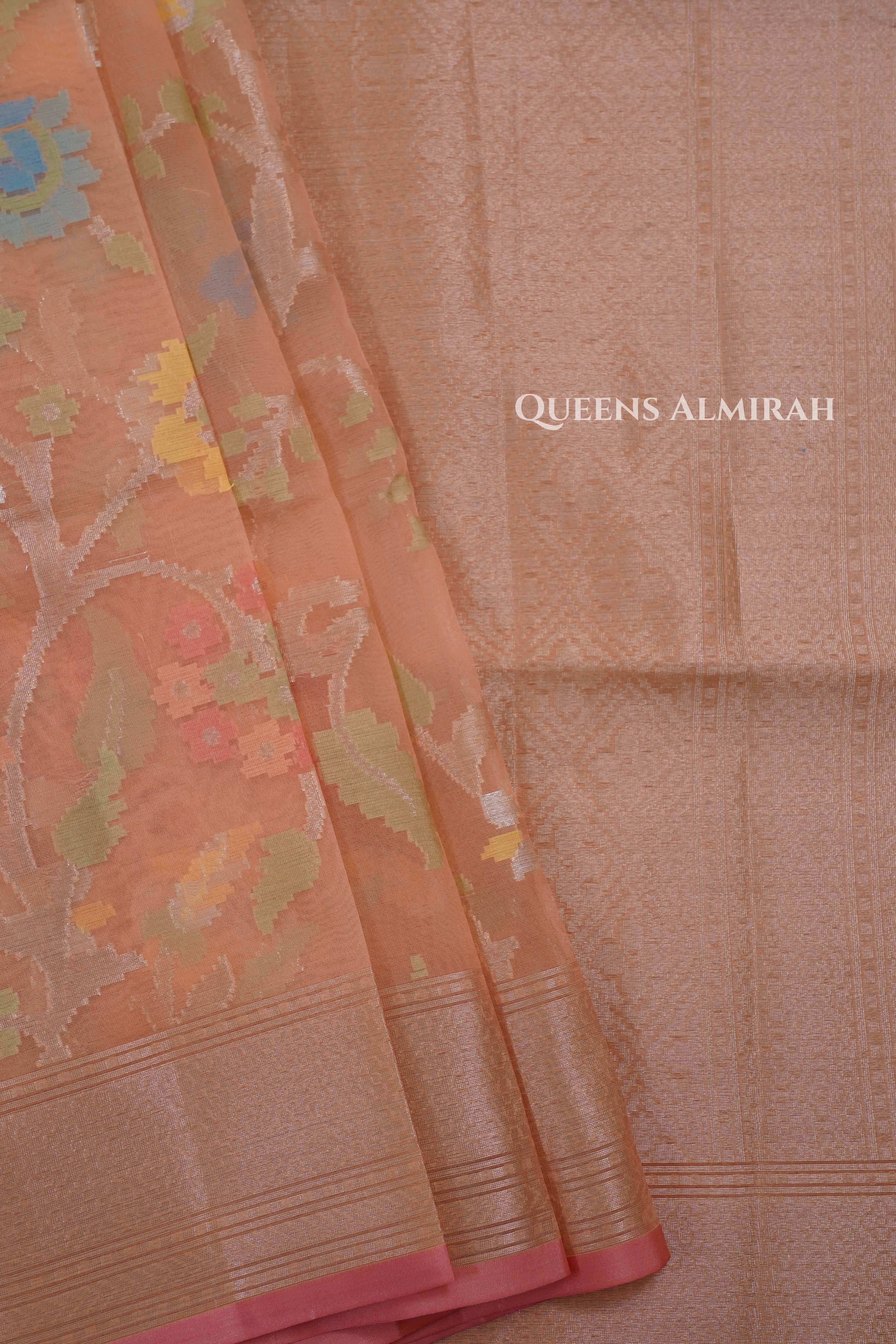 Peachish Orange Banarasi Organza Saree