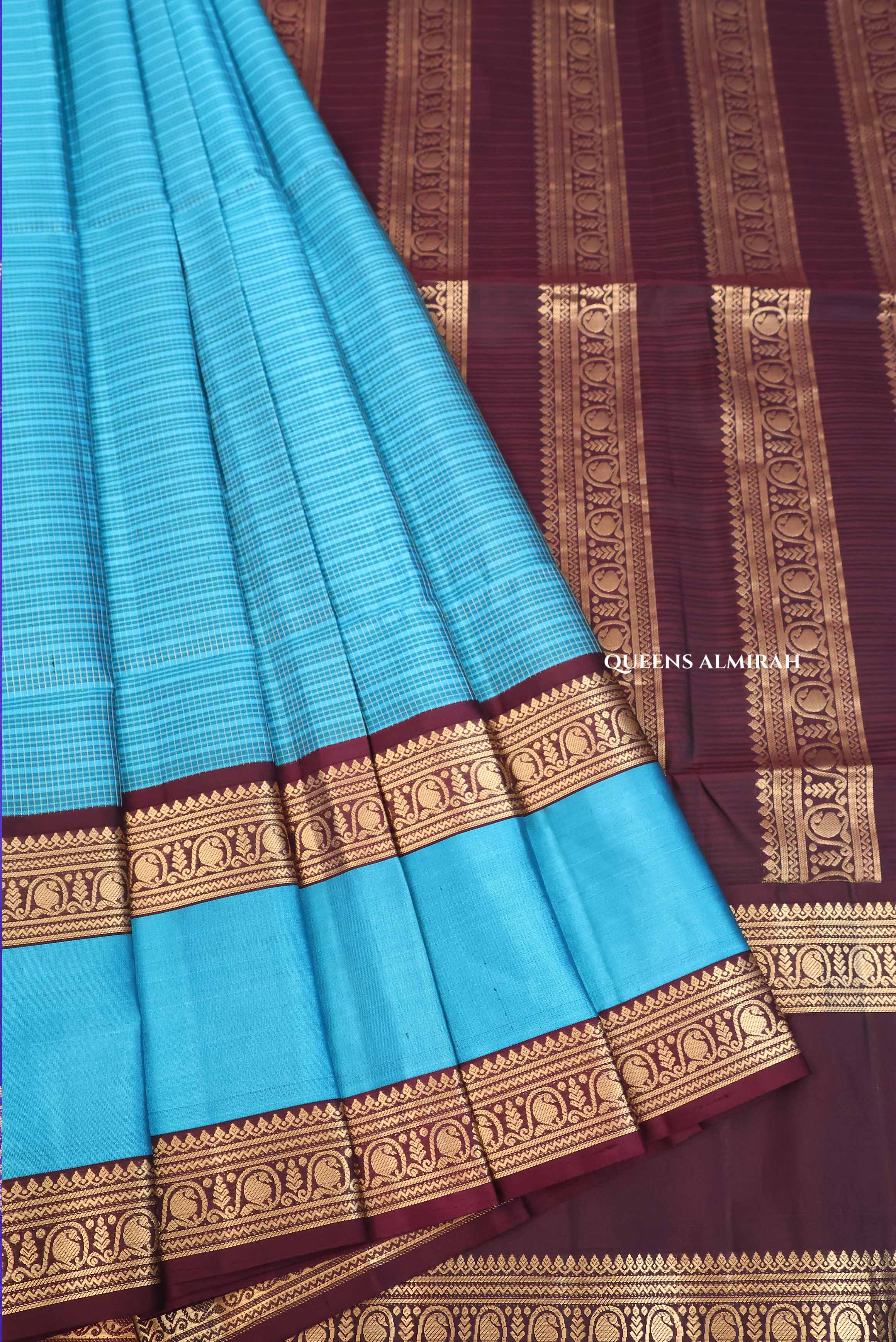 Turquoise Blue With Dark Brown Payadi Pure Soft Silk Saree
