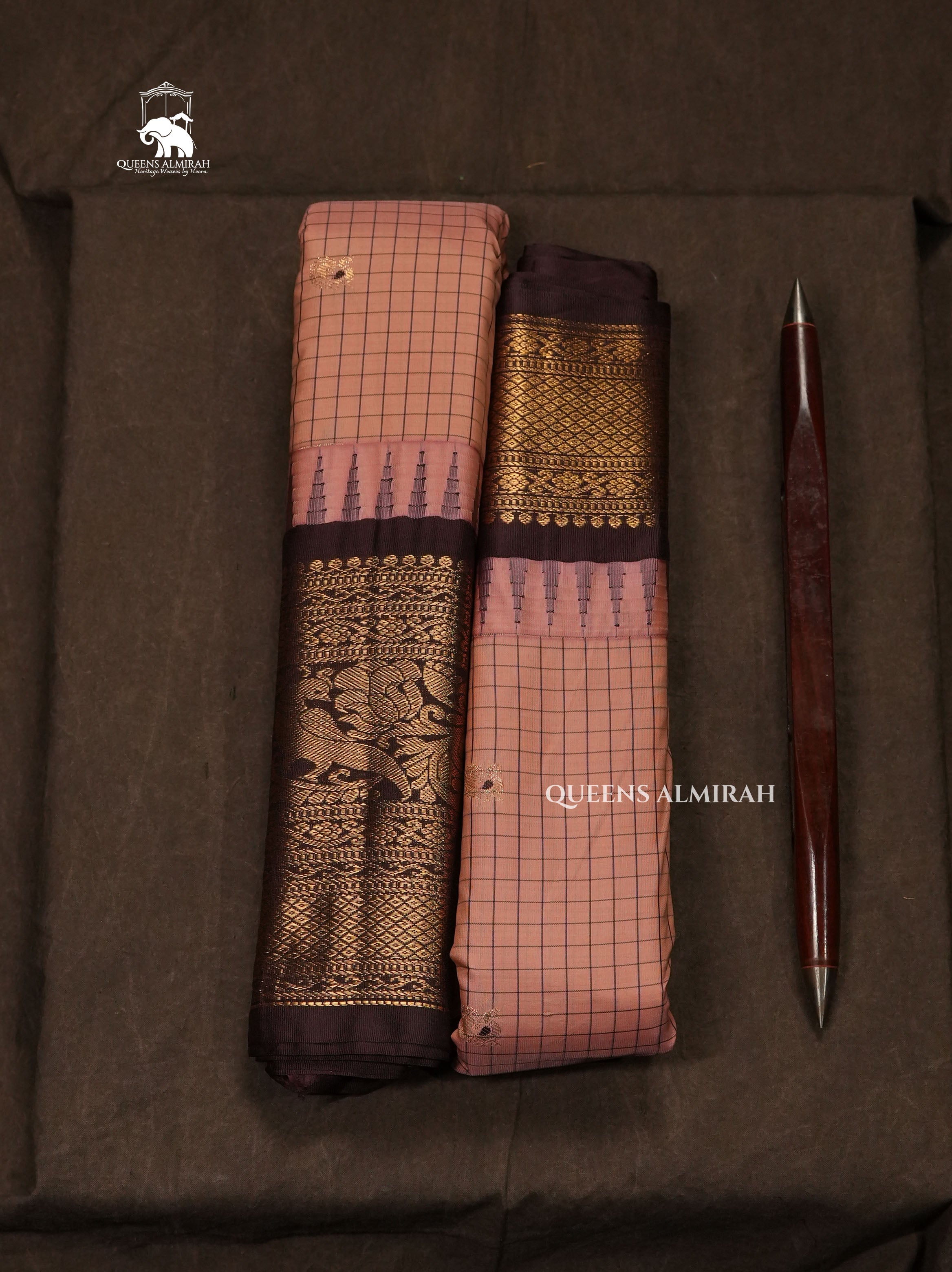 Pink With Brown Semi Gadwal Silk Saree