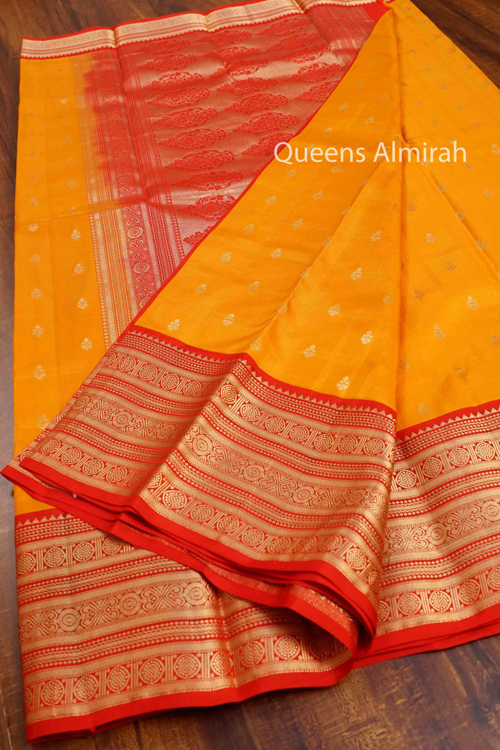 MANGO YELLOW WITH RED PURE KANCHIVARAM SILK SAREE - Queens Jewel Emporium