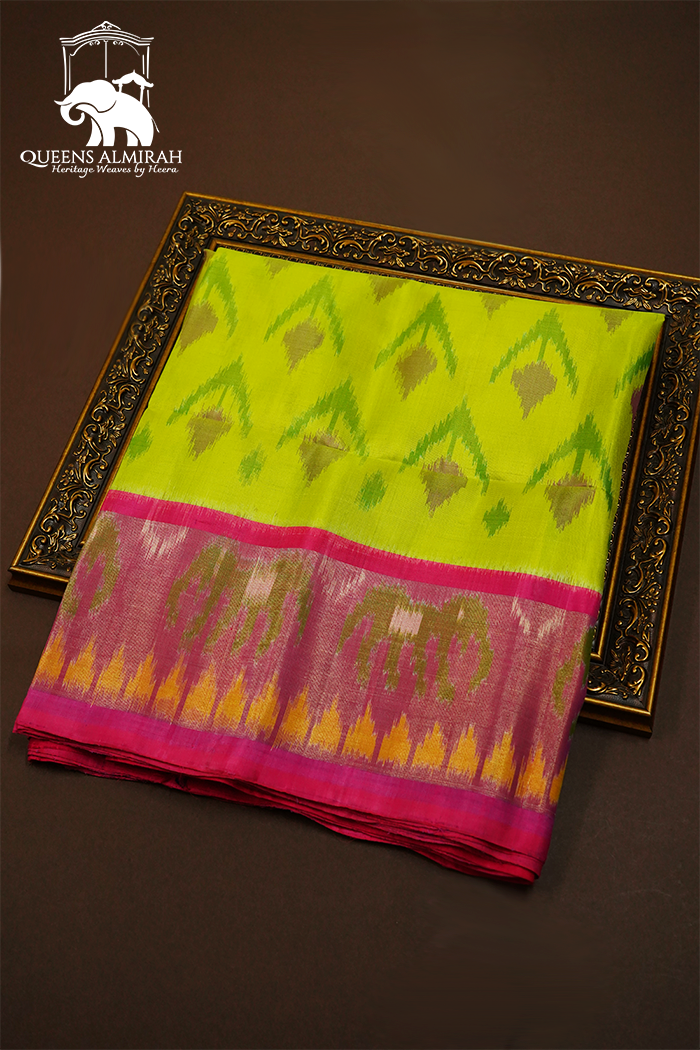 CHARTRUSE GREEN AND BRIGHT PINK SOFT SILK SAREE - Queens Jewel Emporium