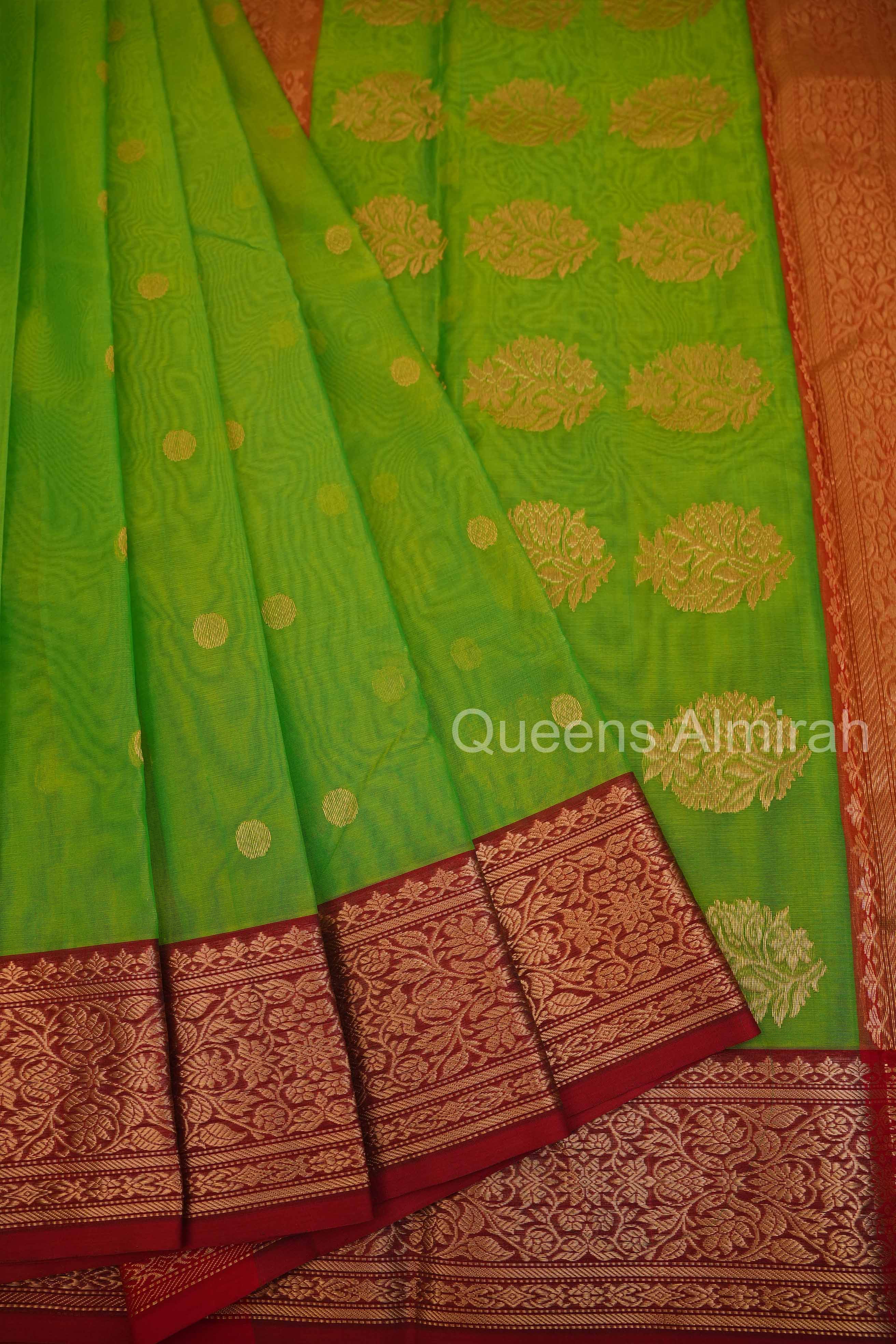 Parrot Green With Red Chanderi Katan Silk Handloom Saree