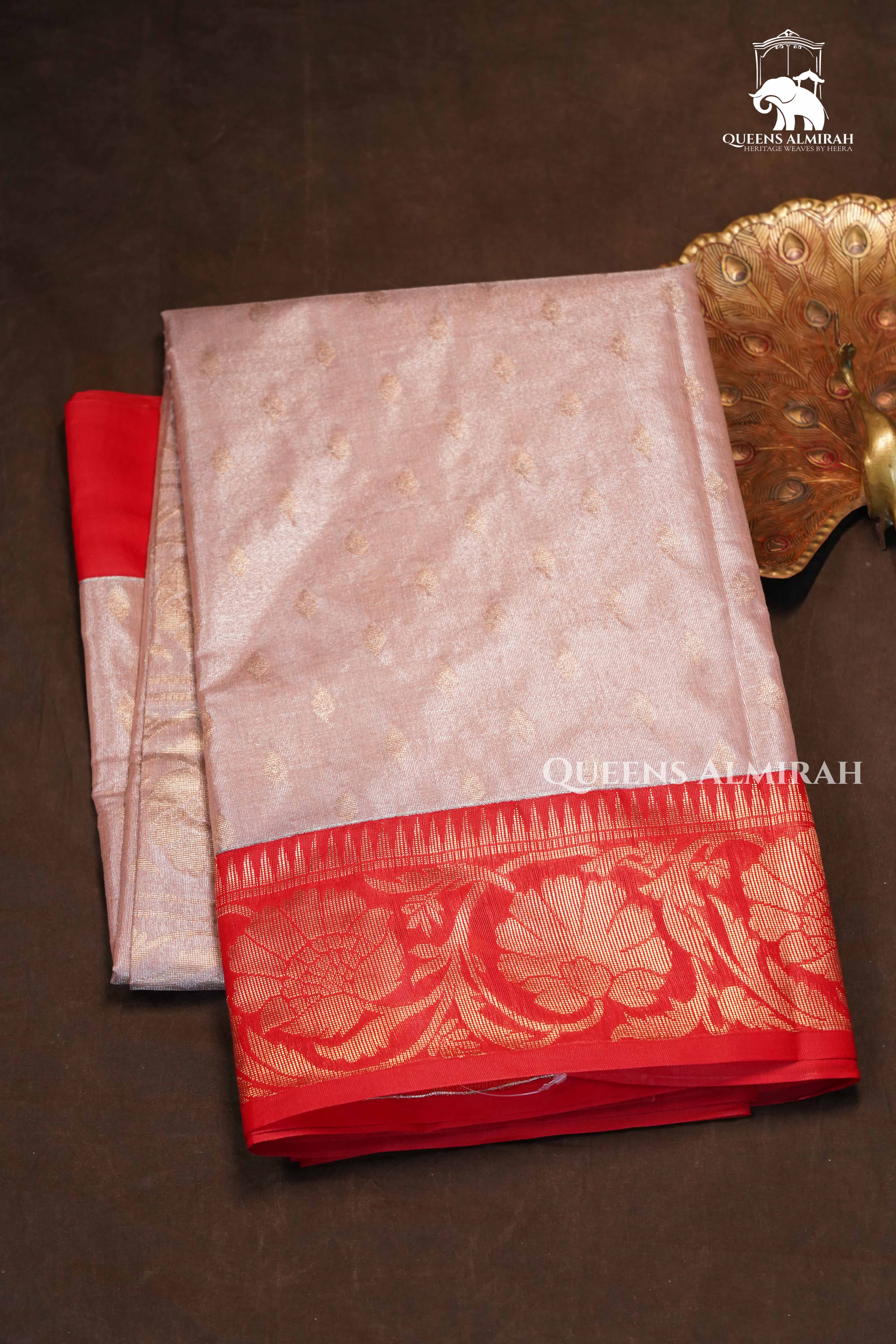 Peach Pink With Red Tissue Silk Cotton Saree