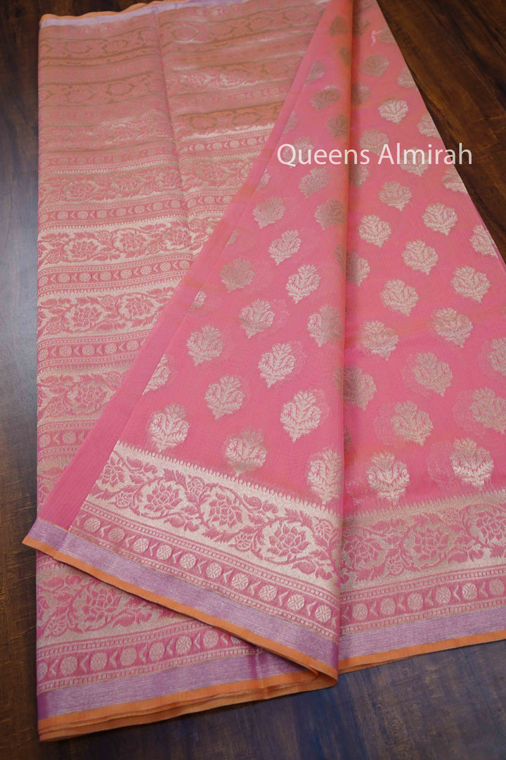 PINKISH ORANGE BANARASI SILK COTTON SAREE - Queens Jewel Emporium