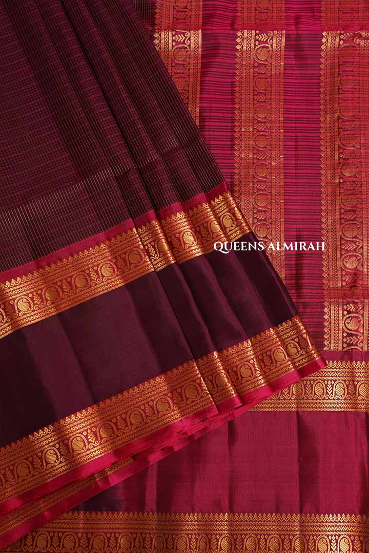 Deep Wine With Magenta Pink Rettapetta Border Payadi Pure Soft Silk Saree