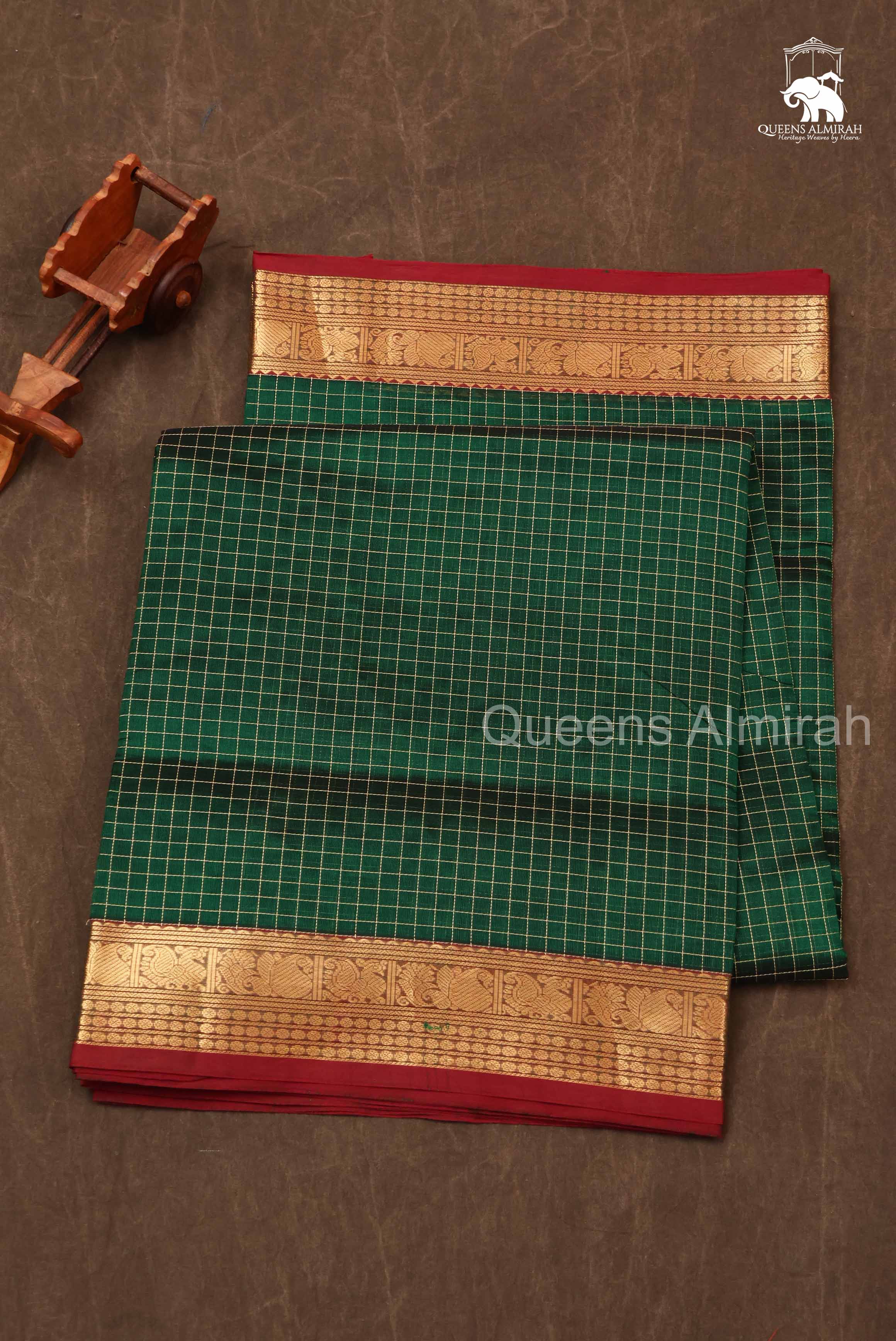 Bottle Green Kattam Chettinad Silk Cotton Saree