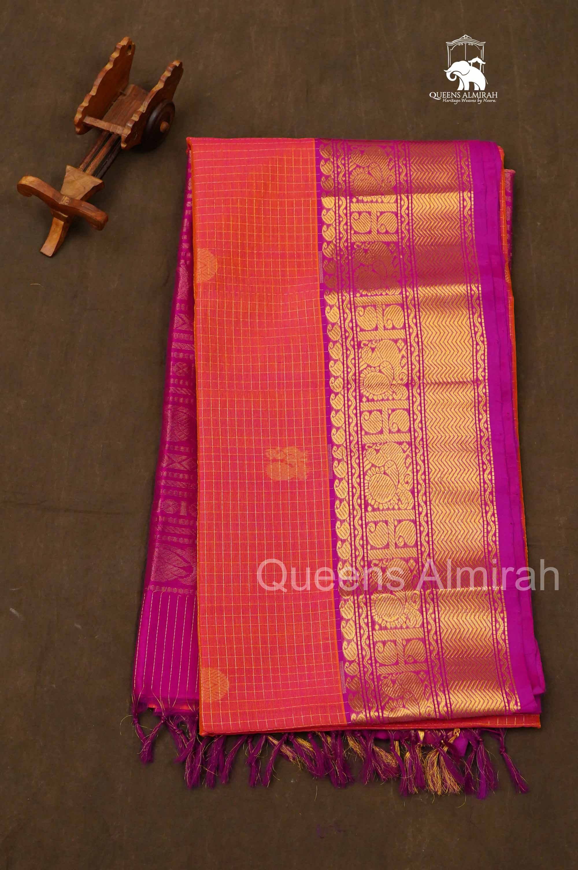 Orange With Magenta Pink Pure Silk Cotton Saree