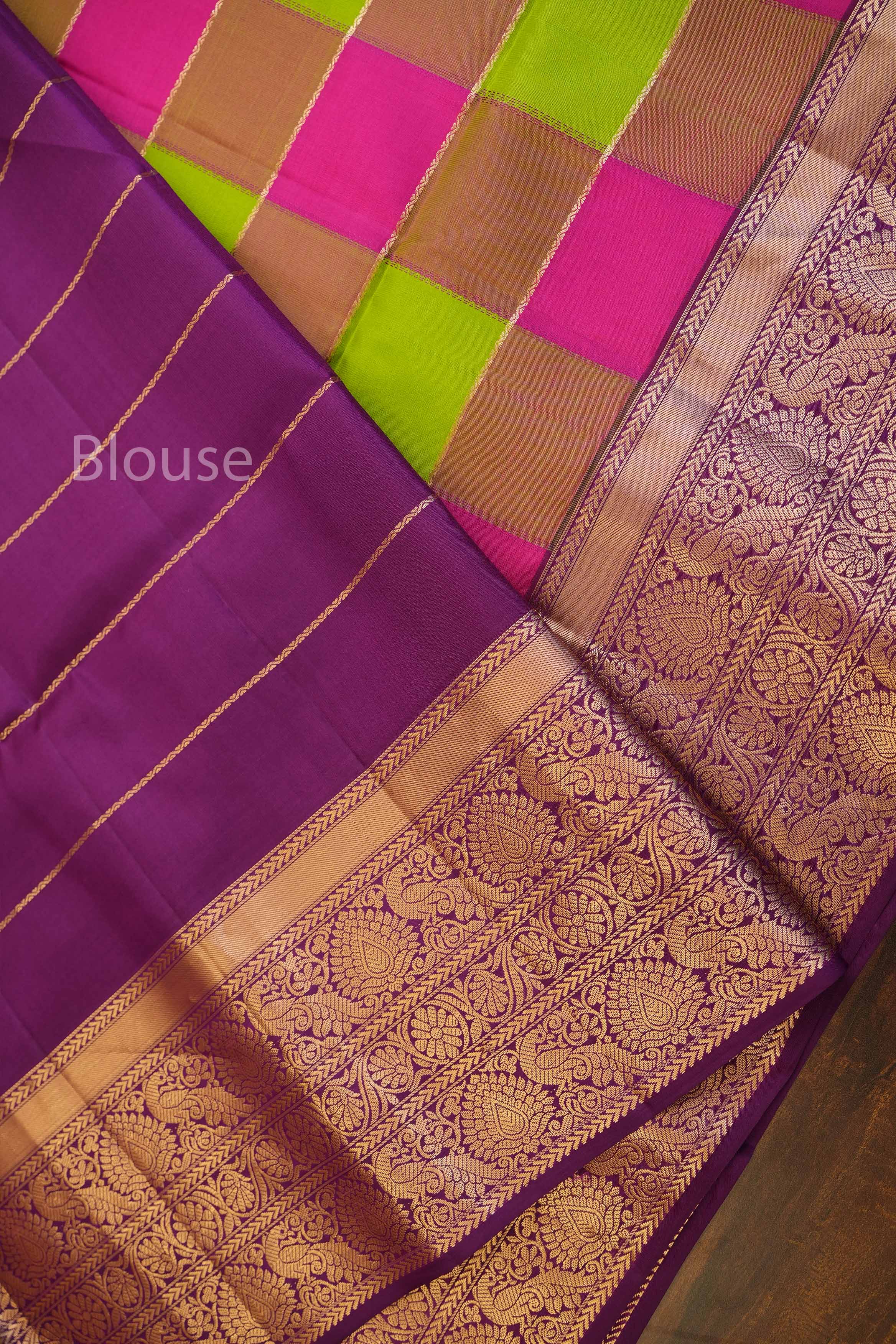 Pink And Green Yaanai Kattam Pure Soft Silk Saree