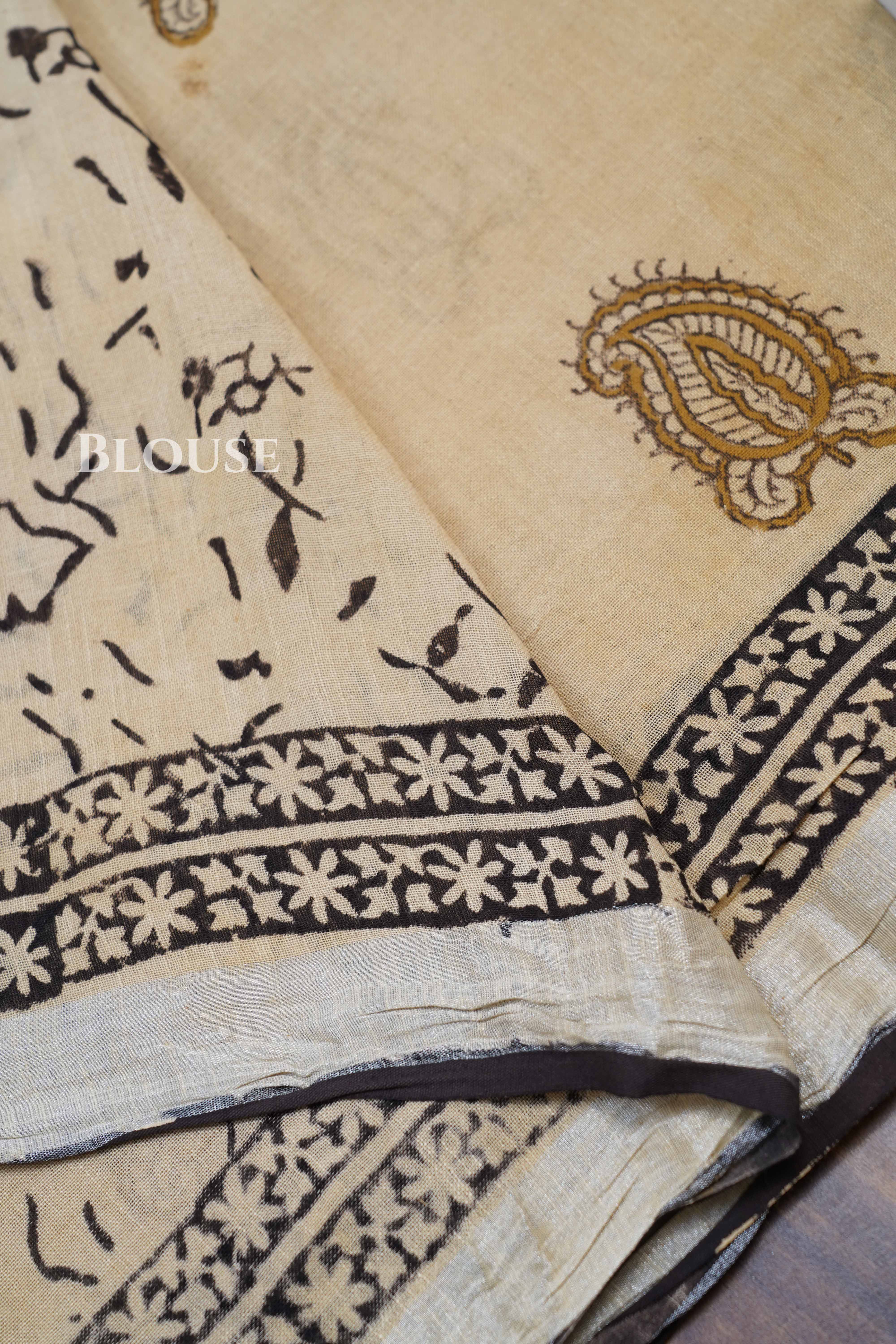 Pale Vanilla With Black Linen Cotton Saree