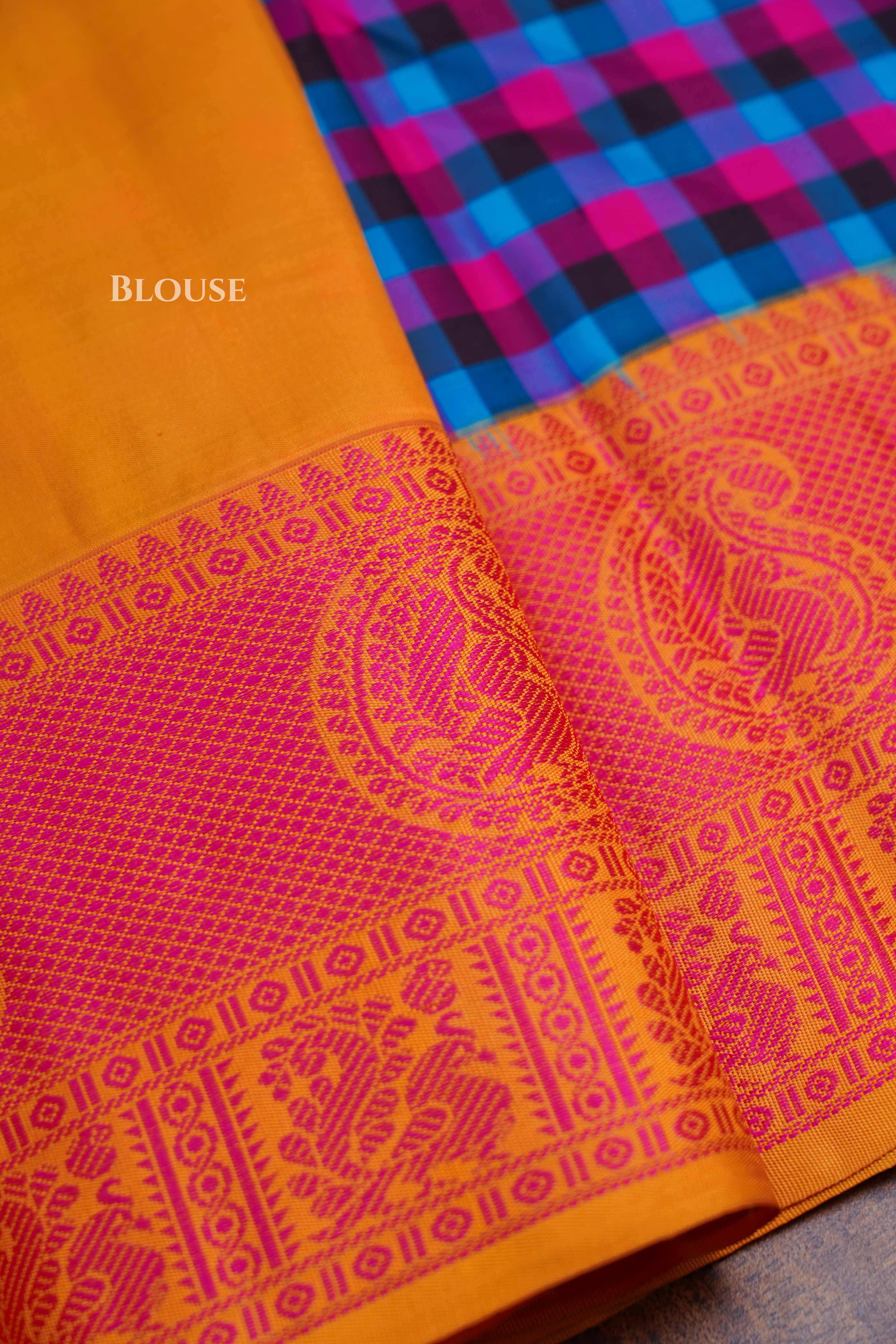Blue With Pink Checks Kuravanji Silk Saree