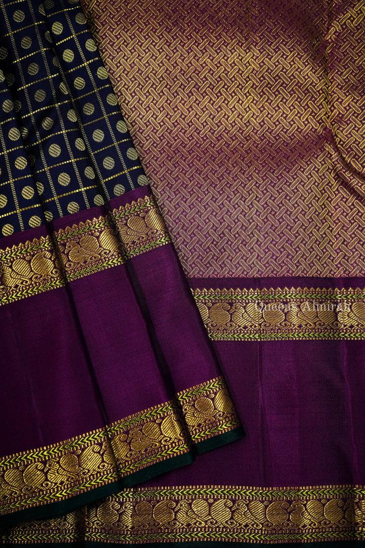 BLUE BERRY WITH GRAPE PURPLE  PURE KANCHIVARAM SILK SAREE - Queens Jewel Emporium