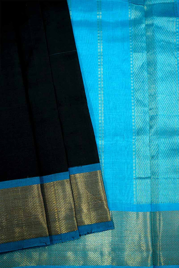 PURE KANCHI SILK COTTON - SKY BLUE WITH BLACK - Queens Jewel Emporium