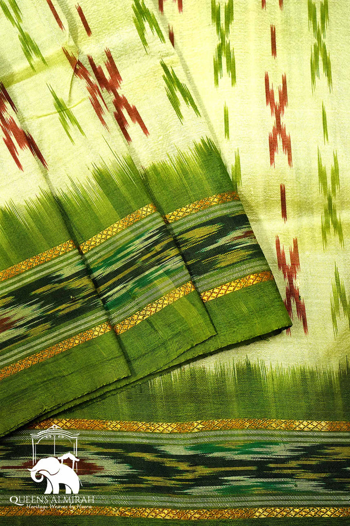 LIGHT OLIVE GREEN WITH PICKLE GREEN MULBERRY SILK SAREE - Queens Jewel Emporium